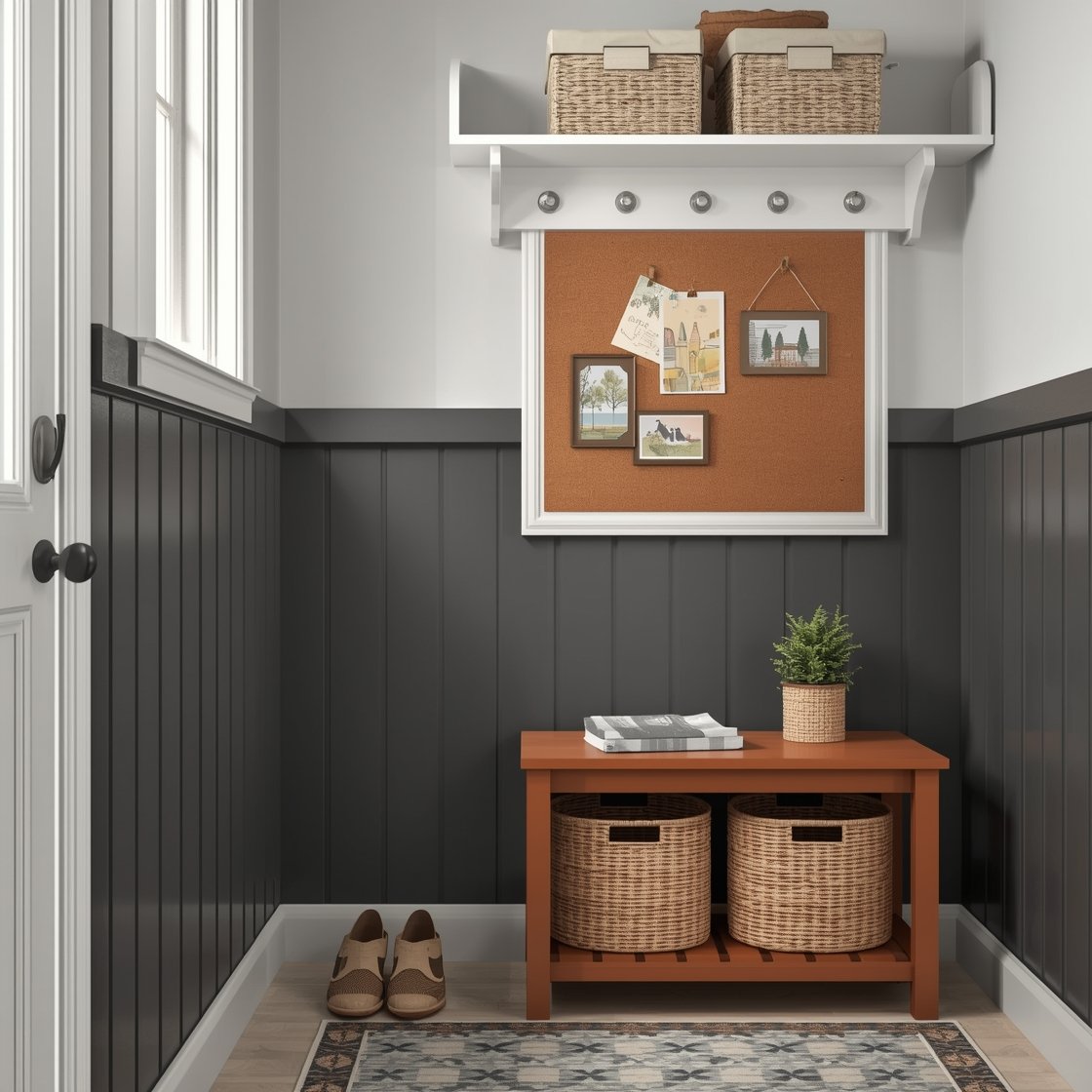 Photorealistic closeup/detail shot showcasing personality and durable finishes in a small garage entry: lower wall clad in beadboard painted in semi-gloss dark tone (two-tone walls with dark on bottom, light above) to resist smudges; a patterned runner underfoot that disguises dirt. On a shelf, coordinated storage: lidded boxes up high, open baskets down low. A small framed family photo and a vintage-style sign add charm, with a mini cork board pinning invites and kid art. A pop of color appears on a painted pegboard or bench in warm sage or terracotta. Include a tiny plant (real or faux) for a welcoming touch. Soft, even daylight, overhead perspective slightly angled to highlight textures and patterns.
