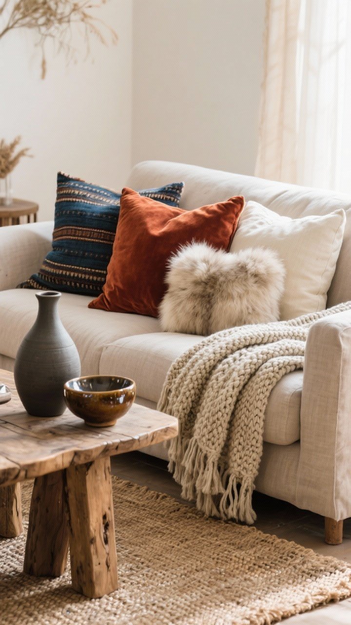 Photorealistic closeup of layered textures on a boho living room sofa: a neutral-toned linen sofa on a jute rug, stacked pillows in velvet rust, indigo mud cloth, cream cotton, and a small faux fur pillow; a chunky knit throw draped over the arm; coffee table vignette with matte ceramic vases beside a glossy glazed bowl; raw wood side table visible in soft warm daylight, tactile detail emphasized