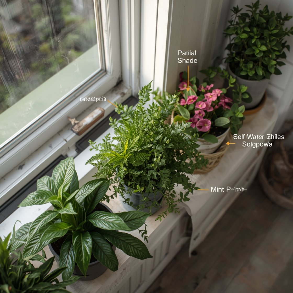 Photorealistic detail closeup of plant groupings by light conditions on a balcony ledge and small table: three clusters labeled visually by placement—full sun set with lavender, rosemary, dwarf citrus, sedum, portulaca, geranium in weighted pots; partial shade set with begonia, heuchera, asparagus fern, mint and parsley; deep shade set with snake plant, ZZ plant, philodendron, peace lily, hardy ivy. Include a couple of self-watering planters and visibly heavier weighted pots for the wind. Soft diffused daylight, slight breeze indicated by leaf posture, overhead angle showing pot styles and soil moisture indicators.