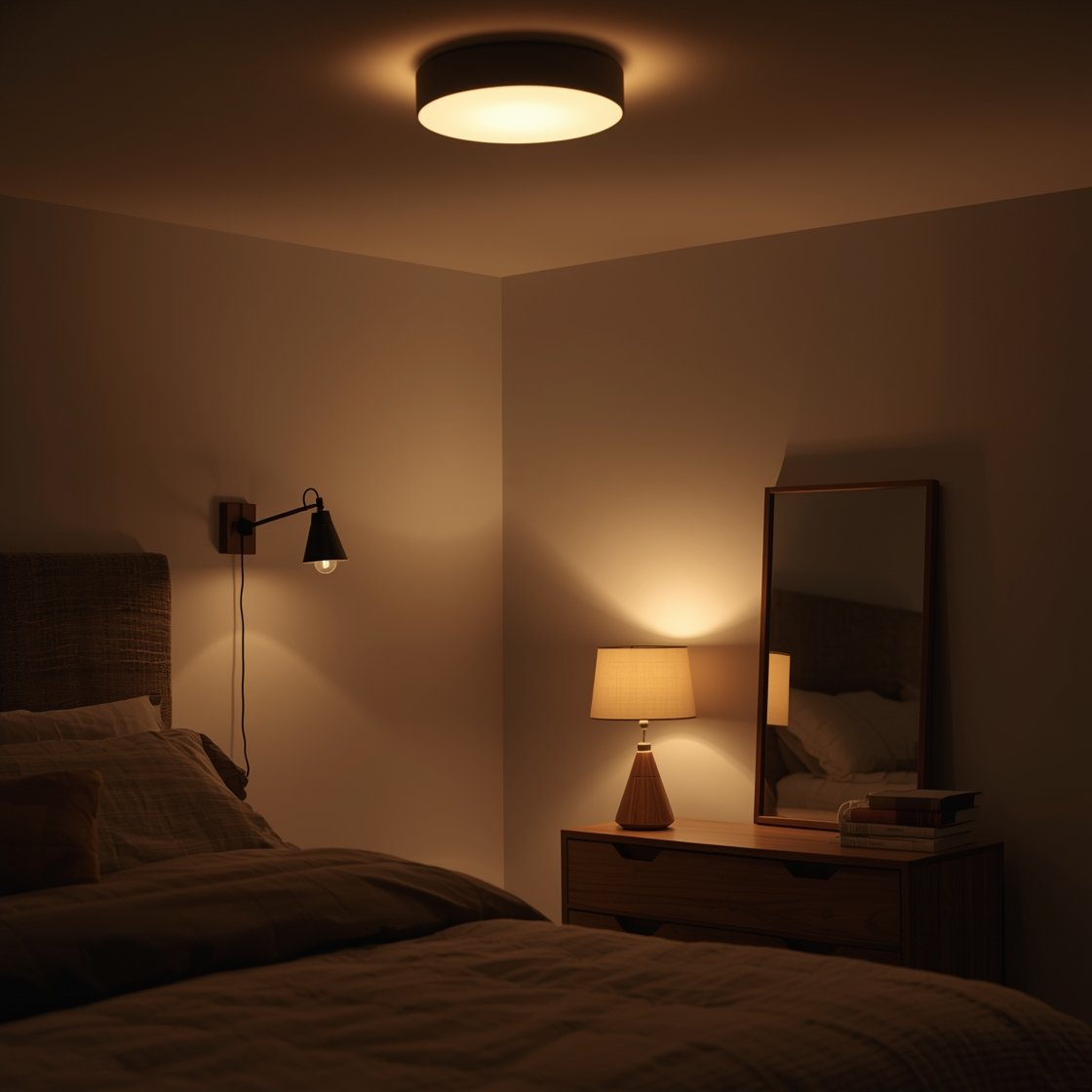 Photorealistic detail/medium shot focused on cozy layered lighting: a shaded ceiling flush mount glowing warmly (2700K–3000K) for ambient light, paired with wall-mounted swing-arm sconces over the bed as task lighting, and a small lamp on a dresser for accent glow. Fabric shades in ivory or flax soften the light; bulbs are high-CRI LEDs. Include a smart dimmer switch on the wall. Place a lamp opposite a simple wood-framed mirror to subtly amplify the glow. Evening scene with dim, warm illumination; intimate, calm mood; angled perspective capturing multiple light sources; no people.