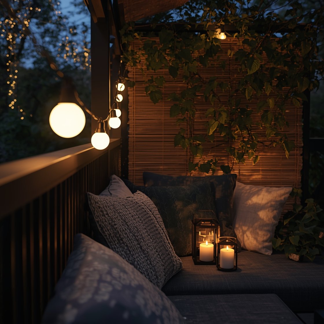 Photorealistic evening closeup capturing cozy ambiance: solar string lights draped along the railing and overhead casting a warm white glow, a cluster of LED candles inside matte metal lanterns, outdoor cushions and a throw in fade- and mildew-resistant fabrics on a bench, and a bamboo privacy screen with a trellis supporting climbers creating a secluded café feel. Emphasize warm color temperature, soft textures, and gentle reflections on metal. Low-light, intimate mood, angled detail shot focusing on textiles and lighting interplay.