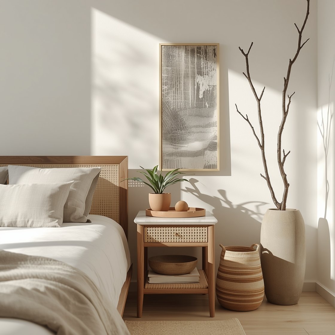 Photorealistic medium corner shot bringing the outdoors in: a minimal oak or walnut wood bed frame with no bulky footboard, a rattan or cane bench at the foot, and “stone moments” like a travertine nightstand topped with a marble tray and a ceramic catchall. Include a tall olive tree or rubber plant in a matte clay planter, plus a woven basket planter with a ZZ plant or pothos nearby. Add a large, foraged branch in a matte ceramic vase for sculptural drama. Soft daylight, gentle shadows; corner angle to highlight natural materials and aged, timeless feel; no people.