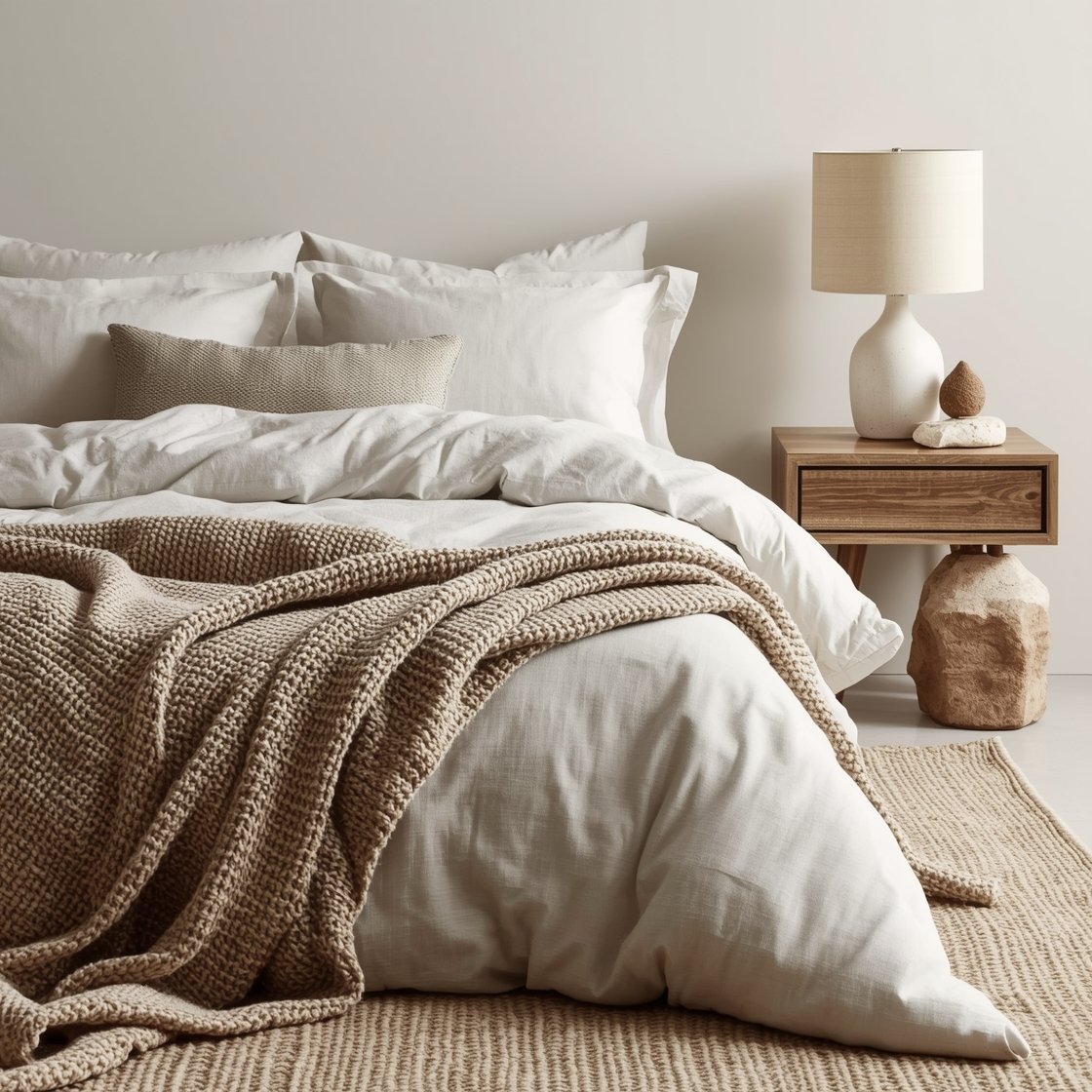 Photorealistic medium shot of a layered neutral bed in a calm earthy bedroom: a warm white/oat linen duvet with visible natural creases, a chunky knit blanket draped at the foot next to a waffle throw, a pillow stack with two crisp greige Euro shams, two standard pillows, and one long lumbar in a nubby textured fabric. Ground the scene with an 8x10 jute or wool rug under a queen bed, a raw wood nightstand holding a stone or ceramic lamp, and subtle raw wood and stone accents. Color story: creams, taupes, sand, and mushroom with gentle micro-contrasts. Soft, diffused morning light; no people; focus on texture depth and cozy, curated minimalism.