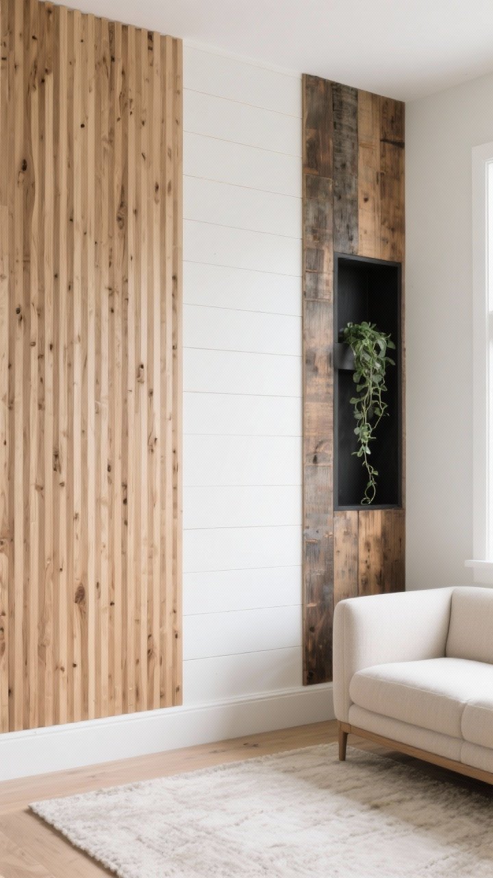 Photorealistic medium shot of a living room feature wall showcasing different wooden panel moods: a vertical slat panel section in light oak/whitewashed finish, adjacent shiplap in airy white, board-and-batten in soft warm white, and a reclaimed wood inset with varied rich tones; include a contrasting matte black stained niche where a trailing plant pops; balanced with a light neutral sofa and pale rug to keep the small-room feel open; soft daylight, straight-on view emphasizing vertical lines and wood textures, with close detail on grain and matte finishes
