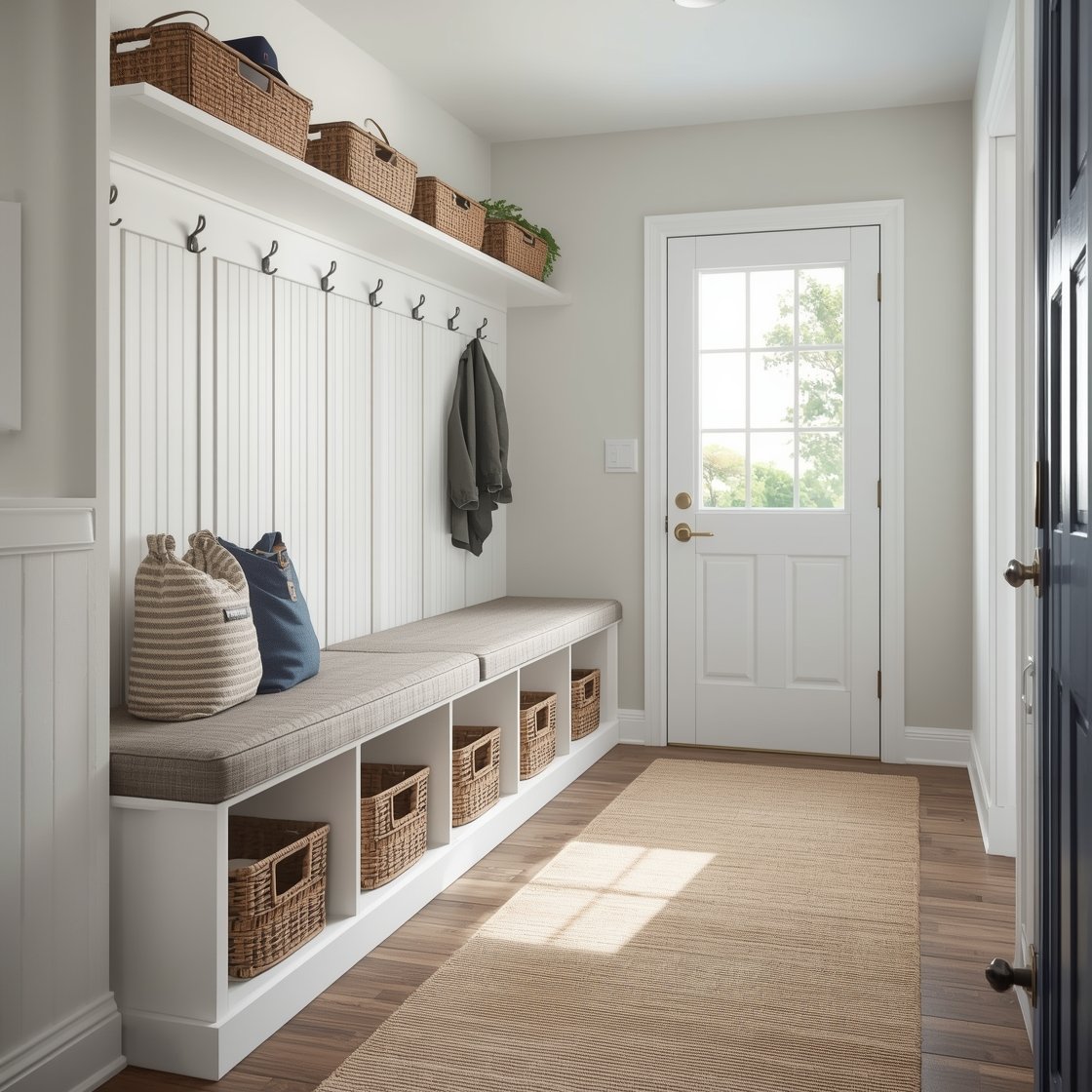 Photorealistic medium shot of a mini mudroom vignette: a skinny bench along a short wall with cubbies beneath, each cubby holding labeled baskets for shoes (“Gym,” “Kids,” “Everyday”). Above the bench, a row of staggered hooks at adult and kid heights plus one low hook for a dog leash. A deep woven basket sits at one end for balls, helmets, and a “returns” pile. The bench has an outdoor-rated vinyl cushion in a wipe-clean, neutral fabric. A performance rug runner, exactly the width of the bench, elongates the narrow hallway. Durable finishes, practical labels, bright natural light from the side, straight-on composition.