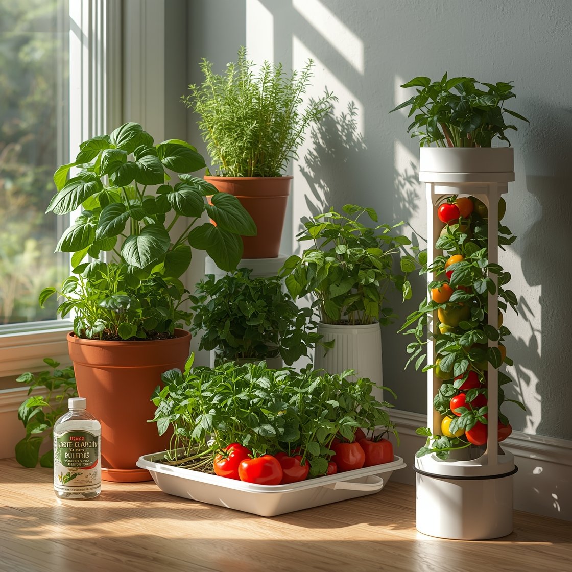 Photorealistic medium shot of a productive small-space edible garden: stackable planters arranged vertically with herbs (basil, chives, parsley, thyme), a shallow tray with cut-and-come-again lettuce, arugula, and spinach, compact containers with dwarf tomatoes, chilies, bush beans, patio peppers, and a sleek vertical hydroponic tower for microgreens. Include a small bottle of liquid fertilizer and a watering schedule note. Bright morning light, crisp detail on leaves and fruit set, side angle highlighting vertical growth to save floor space.