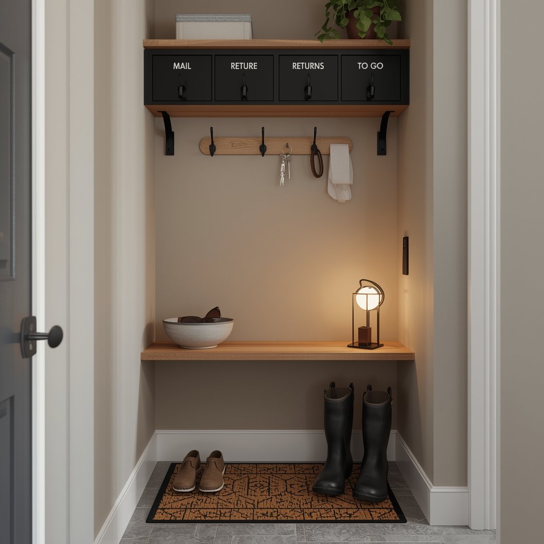 Photorealistic medium shot of a slim garage entry drop zone along a narrow wall: an 8–12 inch deep shallow console shelf in natural wood with black metal brackets, a small ceramic catchall bowl holding keys and sunglasses, labeled mail sorter slots above the shelf reading “Mail,” “Returns,” and “To Go,” and a row of matching black key hooks. On the floor: a low-profile washable mat with a black-edged boot tray featuring a raised lip containing muddy boots. Add a tiny table lamp on the shelf plugged into a smart plug for a warm, cozy glow; metals are unified in matte black. Neutral wall paint, uncluttered styling, straight-on perspective, soft evening lighting.