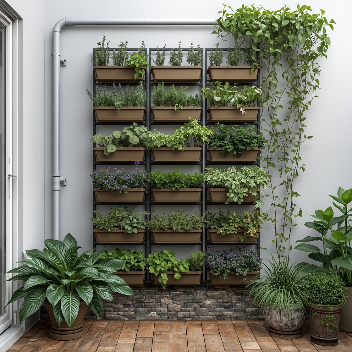 Photorealistic medium shot of a small patio wall transformed into a vertical garden: modular stackable planter panels with staggered narrow shelves holding herbs (rosemary, thyme) and small pots of sedum; trellises with jasmine and clematis climbing, trailing ivy weaving through. Layer textures with glossy philodendron leaves beside airy ferns and tactile succulents. Include a discreet top-row drip irrigation line. Soft daylight, straight-on view, living-wall “green wallpaper” vibe, no people.