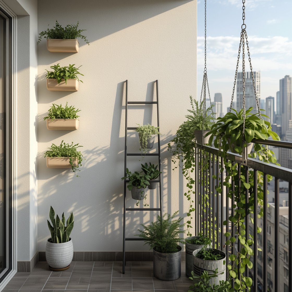 Photorealistic medium shot of a tiny urban balcony corner focusing on vertical gardening: staggered wall-mounted narrow trough planters framing the city view, a slim leaning ladder shelf with small pots, outside-rail planters clipped to the balcony railing, and hanging chains with pots at varying heights for a cascading effect. Include trailing plants like string of pearls, pothos, ivy, and bacopa softening edges. Neutral wall, matte ceramic and galvanized metal planters, warm morning natural light, straight-on perspective, floor kept clear to emphasize verticality, no people.