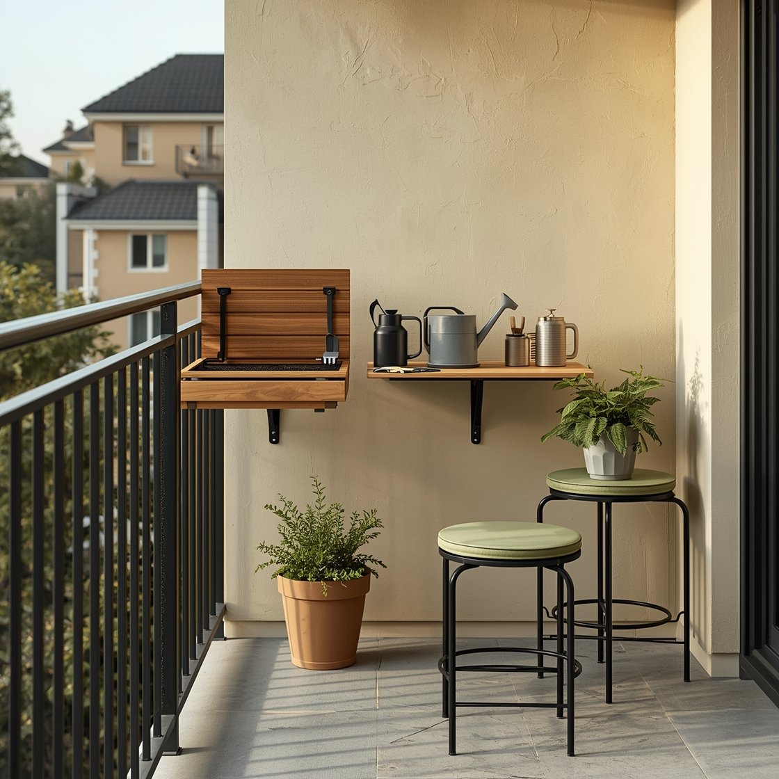 Photorealistic medium shot of smart, multi-tasking balcony furniture: a compact fold-down bistro set mounted to the wall, a rail-mounted bar table clipped to the railing doubling as a potting station with small tools, a storage bench with its lid slightly open revealing gloves, soil, and a watering can, plus two nesting stools acting as plant stands. Tight palette: one natural wood tone, black powder-coated metal, and a single accent color (sage green) on cushions and pots. Late afternoon natural light, clean layout, corner perspective emphasizing space-saving functionality.