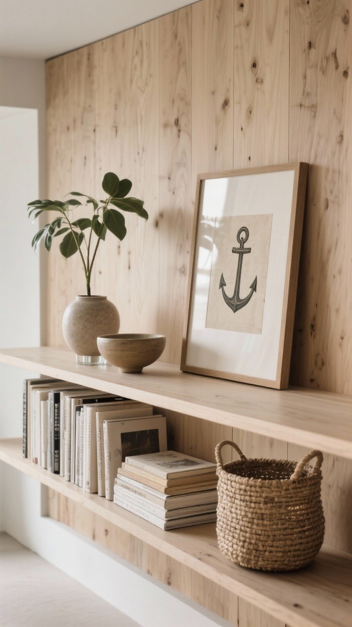 Photorealistic medium shot of styled shelves following the rule of thirds: wooden panel backdrop with one anchor piece (framed art leaned against the paneling), a horizontal stack of books with a ceramic bowl on top, and generous negative space; varied heights create rhythm—tall plant, low stack, round object; repeated materials include ceramic, glass, and a woven basket; neutral book spines for a calm palette; soft daylight with subtle shadows to emphasize layering, straight-on composition