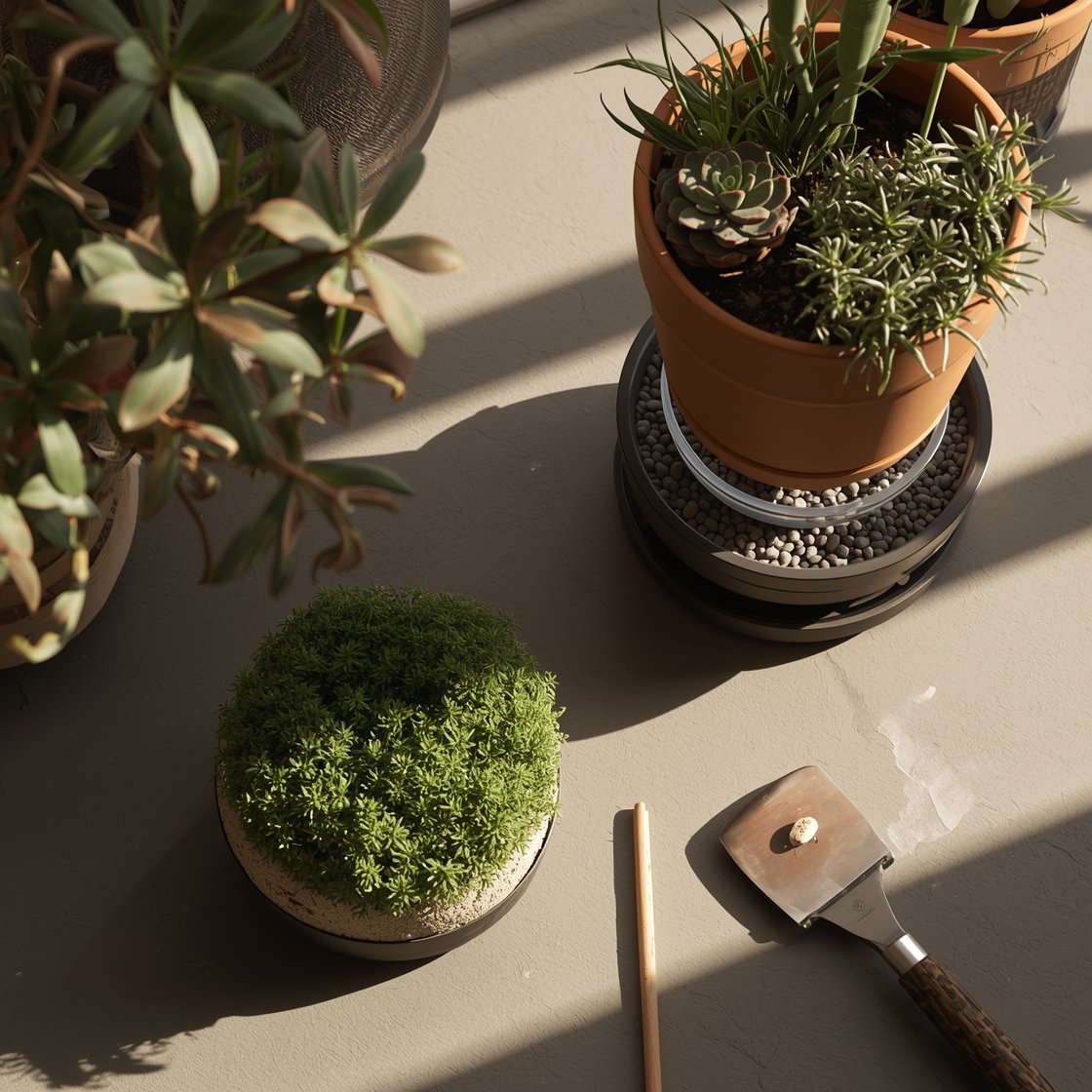 Photorealistic overhead detail shot focused on watering and drainage solutions: planters with visible saucers or cachepots catching runoff, a pot lifted on feet with a lightweight gravel drainage layer peeking at the surface, a self-watering planter with a water level indicator, and grouped plants by thirst—succulents together and herbs together. Morning light with subtle shadows, a clean deck surface free of drips, small hand tools nearby, conveying a tidy, neighbor-friendly maintenance setup.