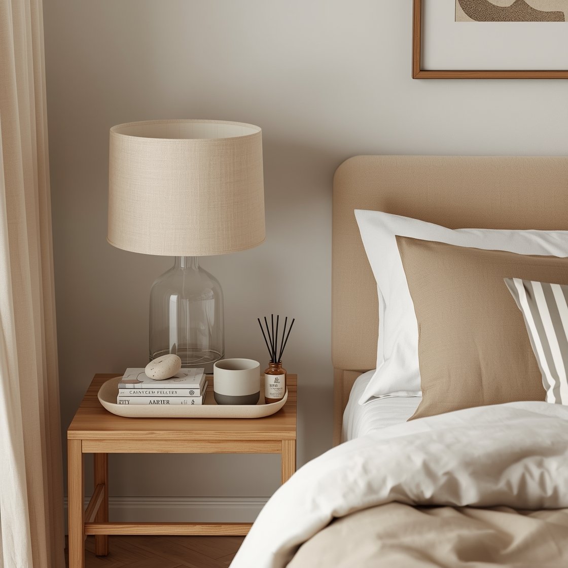 Photorealistic overhead detail shot of intentional minimalism on a wood nightstand: a single fabric-shaded lamp, a clear glass water carafe with cup, and one decor piece—either a small stone object on a short book stack or a matte ceramic bowl—neatly corralled on a low-profile tray. In the blurred background, hint at unlined linen curtains and bedding limited to two tones (warm white sheets and taupe duvet) with one subtle striped or block-print pillow. Add a thin wood-framed abstract with organic shapes on the wall and a discreet diffuser suggesting a cedar/sandalwood/vetiver scent. Soft, calm lighting; clutter-free composition; no people.