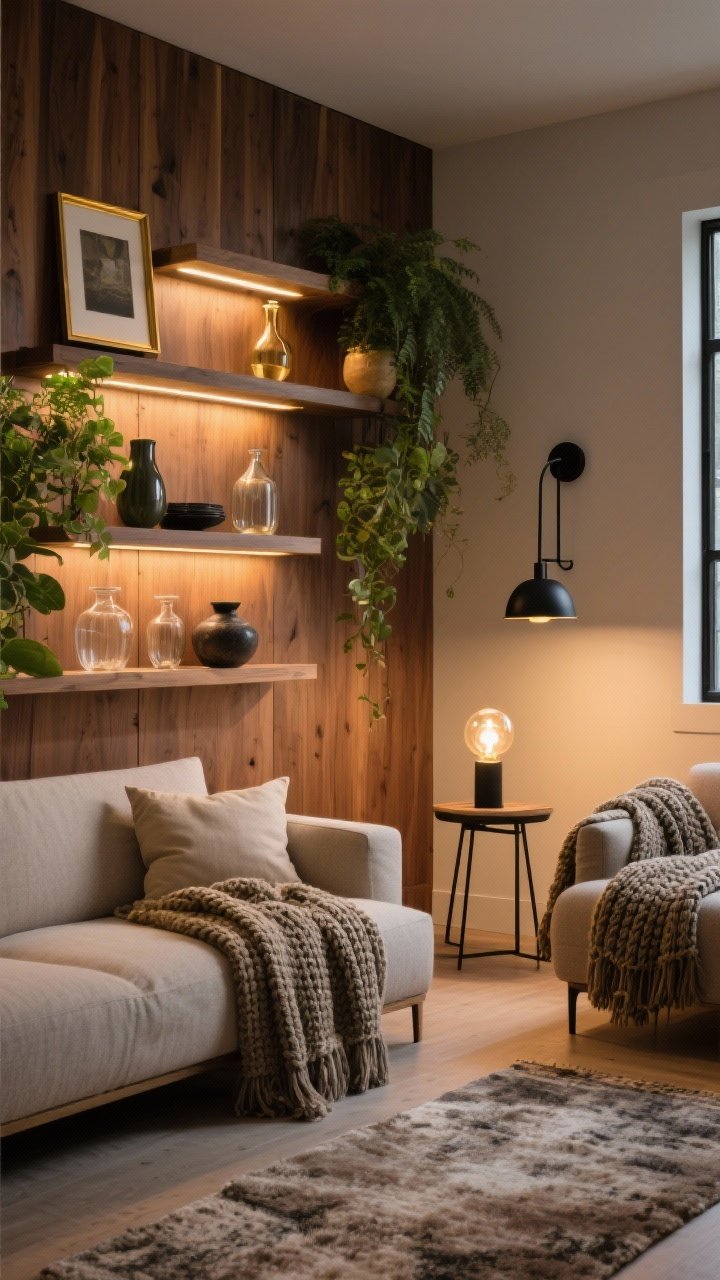 Photorealistic wide shot of a balanced living room composition mixing materials and lighting: warm wood panels and greenery paired with brushed brass and matte black accents—brass picture light above shelves, matte black sconce to the side, black metal lamp base; textiles include chunky knit throw, linen pillows, and a plush rug; glass and ceramic vessels on shelves for light reflection; warm LED lighting at 2700–3000K casting an evening glow, with a discreet grow light bulb inside a table lamp; corner perspective to capture contrast and warmth