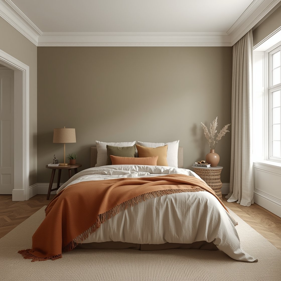 Photorealistic wide shot of a bedroom showcasing an earth-first palette: walls painted a soft greige with a green undertone, crisp white ceiling and trim for light bounce, major textiles (duvet and linen curtains) in muted warm neutrals. Furniture tones at 30%: a mix of oak and walnut pieces with a touch of rattan. Accents at 10% in rust, olive, cocoa, and terracotta via a throw pillow, small ceramic vase, and a folded throw. Balanced, warm natural light; straight-on perspective to clearly show the 60/30/10 palette formula and undertone harmony; no people; calm, sophisticated mood without yellow or pink cast.