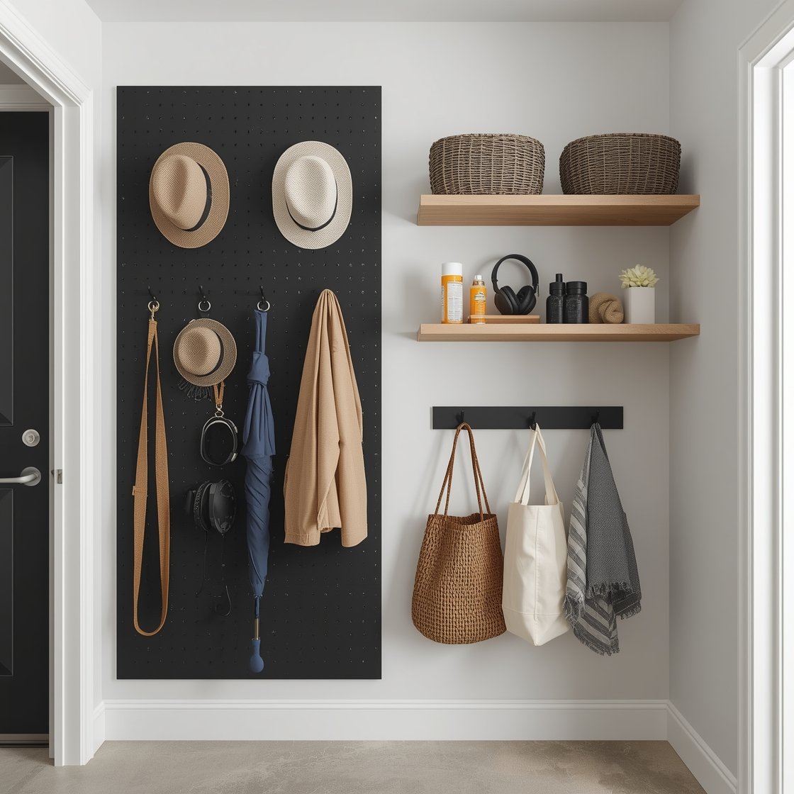 Photorealistic wide shot of a compact garage entry wall organized vertically: a pegboard panel painted the same color as the wall for a seamless custom look, fitted with hooks holding hats, dog leashes, and totes. Below, a minimalist rail with S-hooks displaying umbrellas, reusable grocery bags, and headphones. Two floating shelves installed over the door hold seasonal items in round baskets (summer sunscreen and bug spray; winter gloves and beanies). Palette limited to black and natural wood for calm, with repeated round shapes on baskets and hooks. Clean, bright daytime lighting, corner angle to show depth.