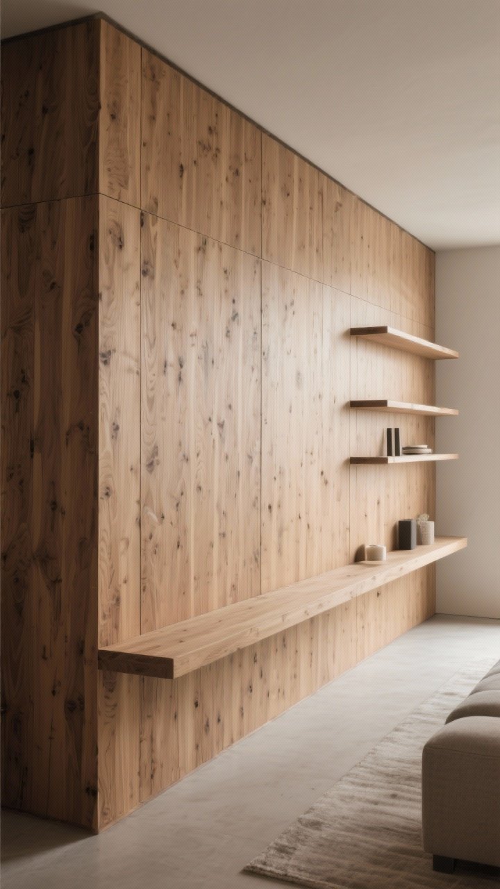 Photorealistic wide shot of a wooden panel wall with thoughtfully planned floating shelf zones: a single long