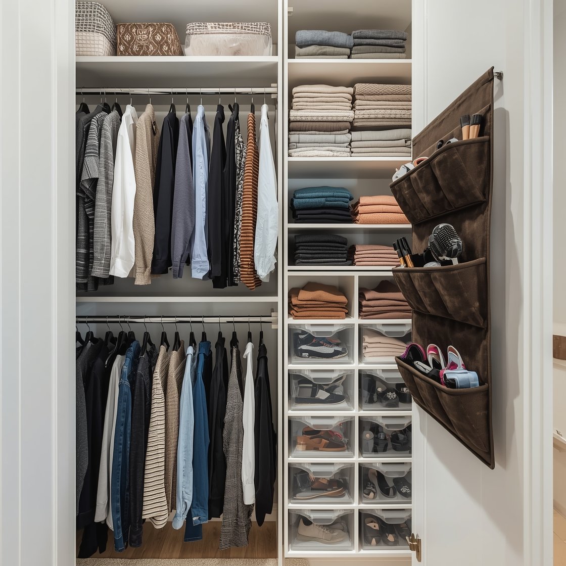 Straight-on closet interior: Small reach-in closet optimized with double hanging rods—shirts on top, pants below—using uniform slim black velvet hangers. Over-the-door organizer holding shoes and a heat-proof pocket for hair tools on the right door. Stackable fabric cubbies for sweaters and jeans, and clear lidded bins on the top shelf, everything sorted by color and category. Bright even lighting for a boutique-like feel, crisp and photorealistic.