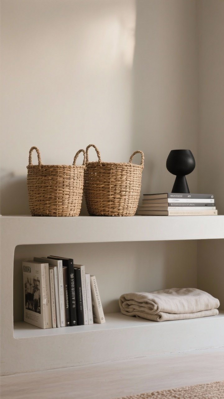 Straight-on detail of the bottom shelf styled like a magazine: two woven rattan baskets on one side, a low stack of hardcover books on the other, plus a small sculptural matte-black object and a folded linen throw in a tight, calm color palette (natural rattan, matte black, soft flax linen). Emphasize symmetry with breathing room between items; soft natural light and subtle shadows to accent textures (rattan, linen, matte finishes).