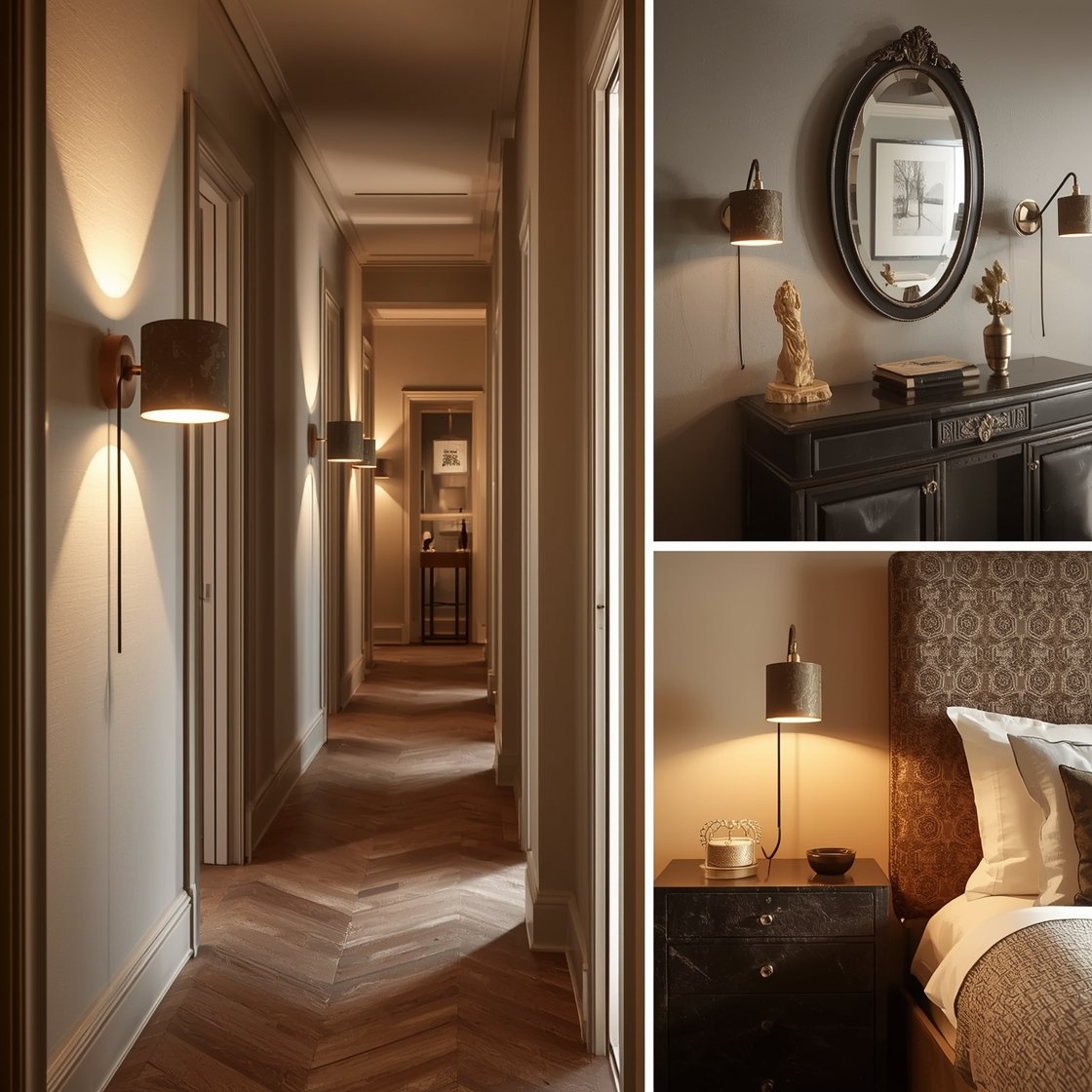Straight-on medium shot: Luxe hotel-inspired hallway with a pair of matte brass plug-in sconces with fabric cords mounted every 6–8 feet, casting soft, art-gallery glow on framed prints; a console vignette with mirror flanked by matching sconces; in a bedroom scene, swing-arm sconces centered 58 inches from the floor beside a headboard; warm light temperature, polished and intentional vibe, photorealistic.
