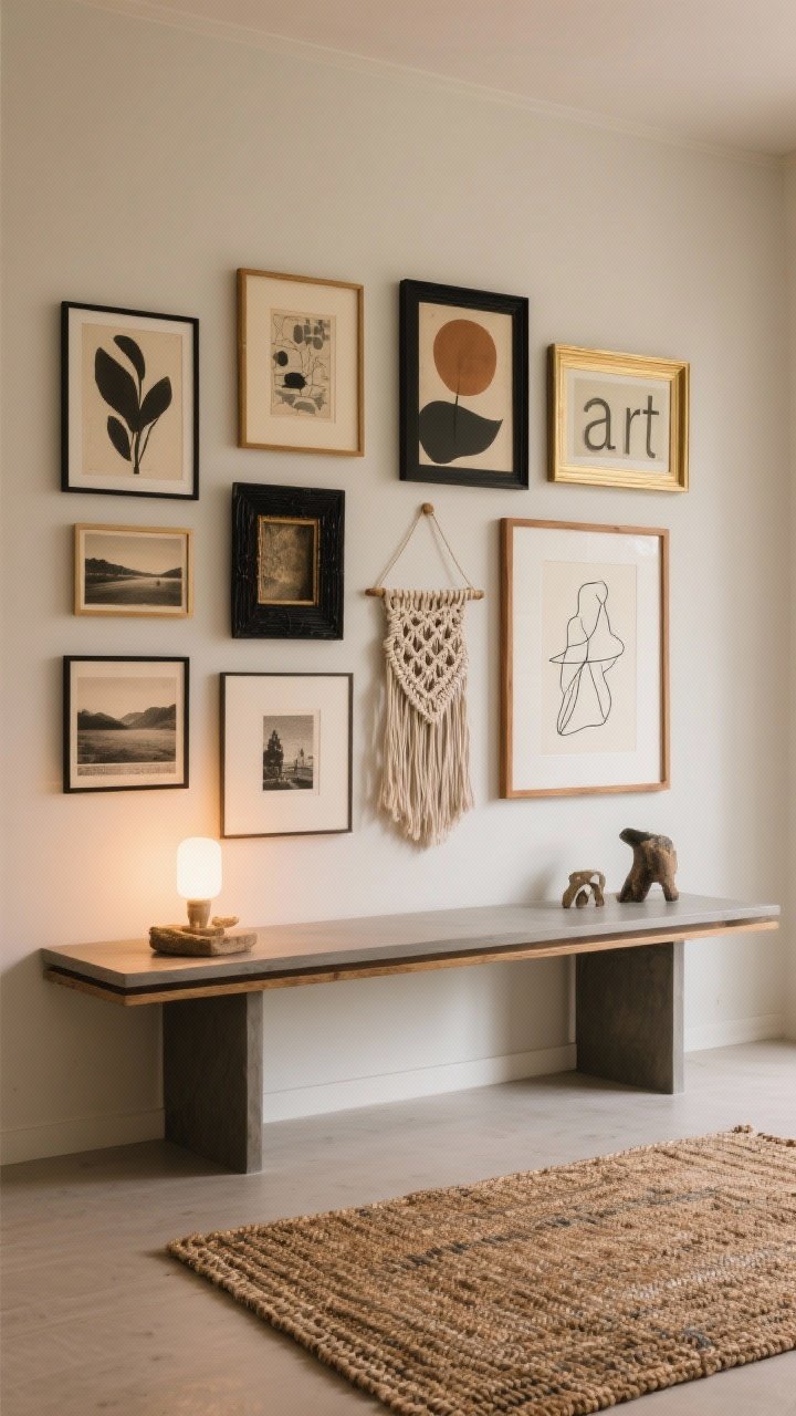 Straight-on medium shot of a collected gallery wall above a low console: mix of vintage prints, abstract art, travel photography, and a minimalist line drawing in wood, black metal, and brass frames; a small woven rug and a macramé piece hung as “art” among the frames; console decorated with a few found objects; warm ambient light for a personal, layered feel