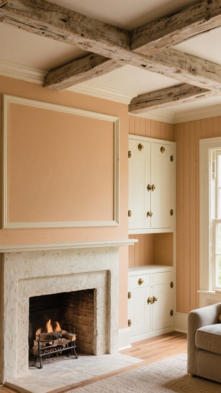 Wide architectural view: A living room wall with subtle picture frame molding painted the same warm wall color, vertical shiplap on an adjacent nook, and pale weathered faux wood ceiling beams overhead. A fireplace updated with a limewashed, plaster-look surround providing old-world warmth. Built-ins featuring antique brass cabinet knobs and iron latches. Natural daylight washes across the details, decor minimal to let architectural moments shine.