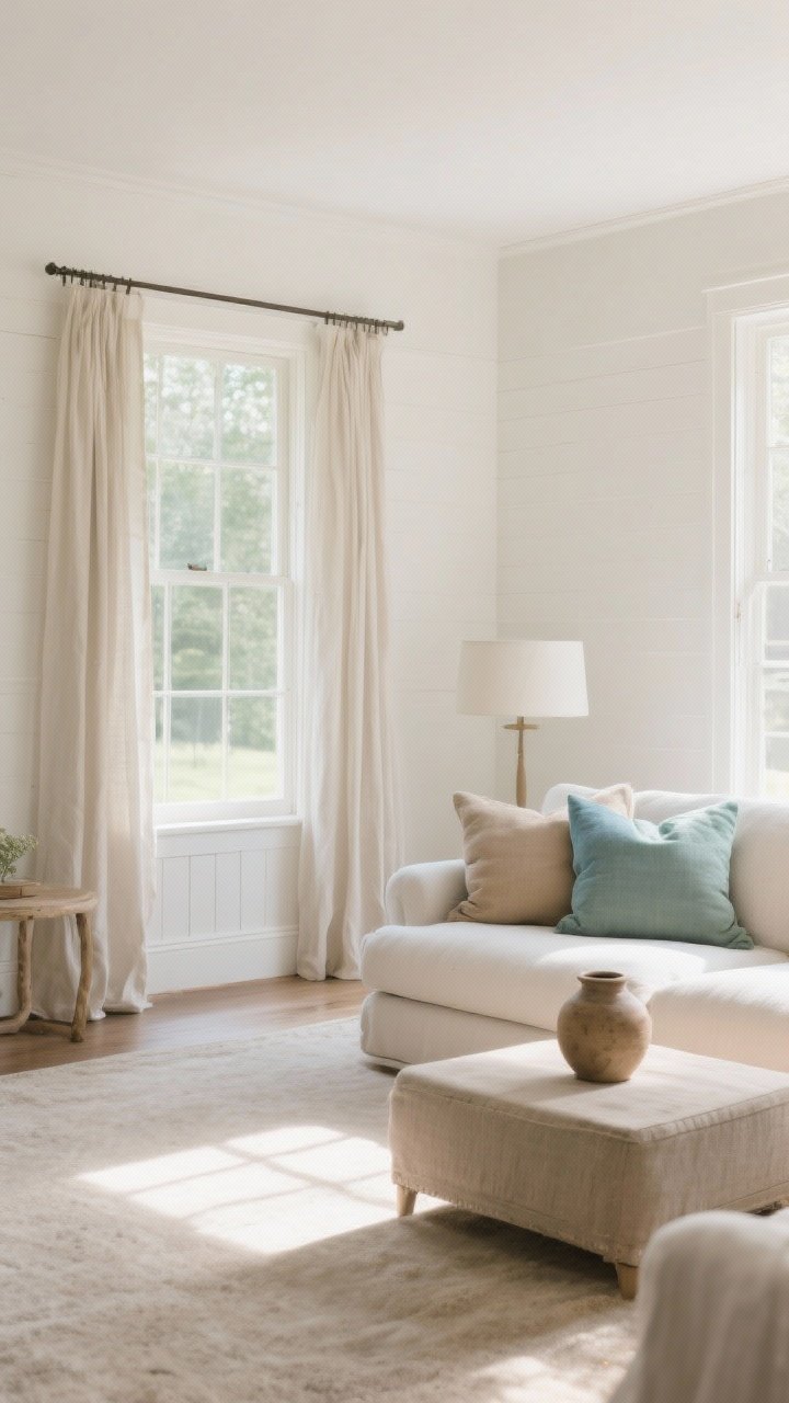 Wide room shot: A sunlit living room with matte warm white walls and slightly creamier white trim, soft whites, warm creams, stone greige, and muted taupes as the base palette; gentle accents in dusty blue, sage green, and mushroom tones through cushions and pottery. Large windows casting natural morning light, linen curtains open. Minimal furnishings to emphasize the calm “sunlit farmhouse” mood, no neon, a serene airy atmosphere with soft shadows.