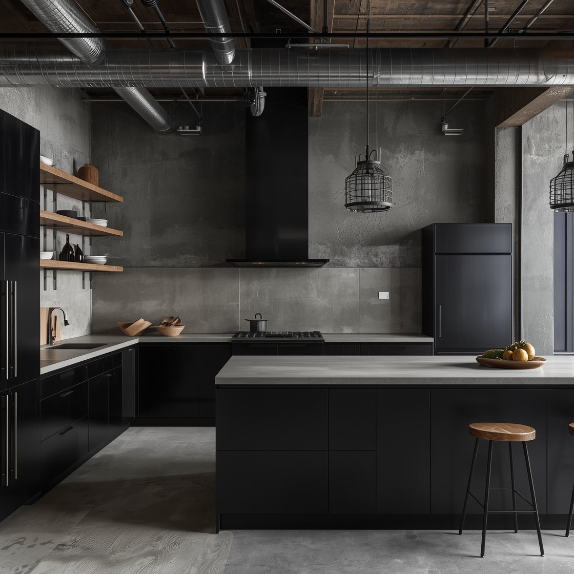 Wide room shot, slightly elevated angle: Obsidian industrial kitchen in an urban loft, base cabinets with blackened steel fronts and minimalist finger pulls, thick raw white oak open shelves on iron brackets, poured concrete countertops meeting a full-height concrete-look slab backsplash with minimal seams, exposed ductwork and beams embraced, matte black range beneath a heavy-duty ceiling-mounted pot rack with select hanging cookware, linear LED over the island and cage pendants above; palette of black, gray concrete, toasted oak; gritty, refined mood with cool, diffused light and crisp highlights; photorealistic, no people.