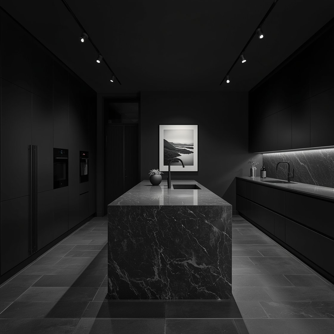 Wide room shot, straight-on view: A sleek noir minimalist kitchen with matte black slab cabinets running wall-to-wall with no visible handles, a monolithic black soapstone waterfall island centered like a museum piece, low seamless backsplash continuing the same soapstone, integrated black appliances and black faucet, powder-coated push-to-open hardware, one tall pantry door in fluted glass breaking the flat planes, track lighting aimed at framed black-and-white photography for a gallery feel; palette of matte black, charcoal, and soft white matting; photorealistic, moody but crisp lighting with focused spots and subtle ambient glow, no people.