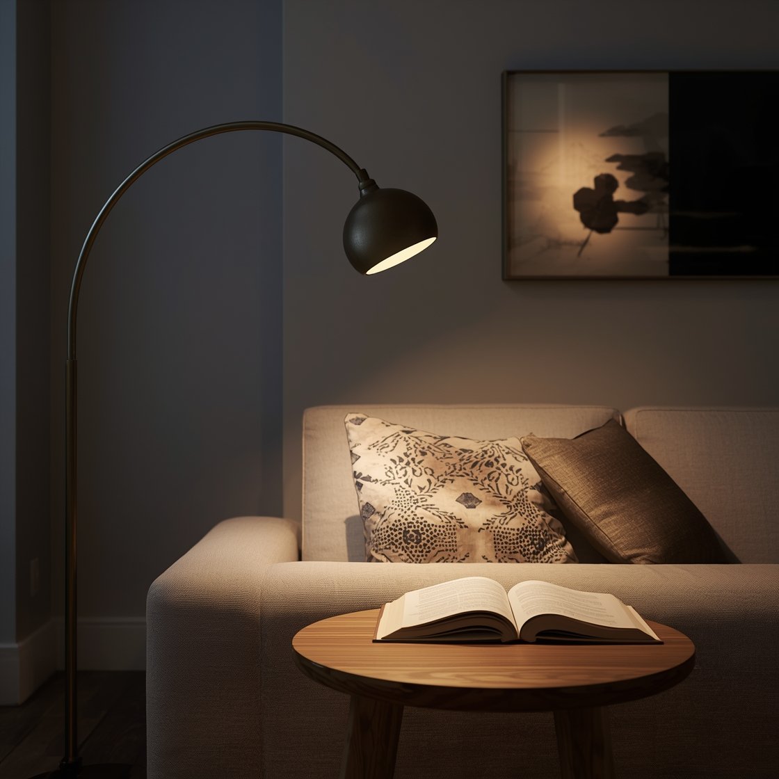 Wide shot: A living room at dusk showcasing layered lighting—a warm ambient glow from a large arc floor lamp, a focused brass task lamp aimed at an open book on a side table, and a small accent picture light highlighting framed art on the wall; soft neutral palette with linen sofa, natural wood coffee table, moody corner spotlight, and subtle shadows for magazine-worthy depth, photorealistic.