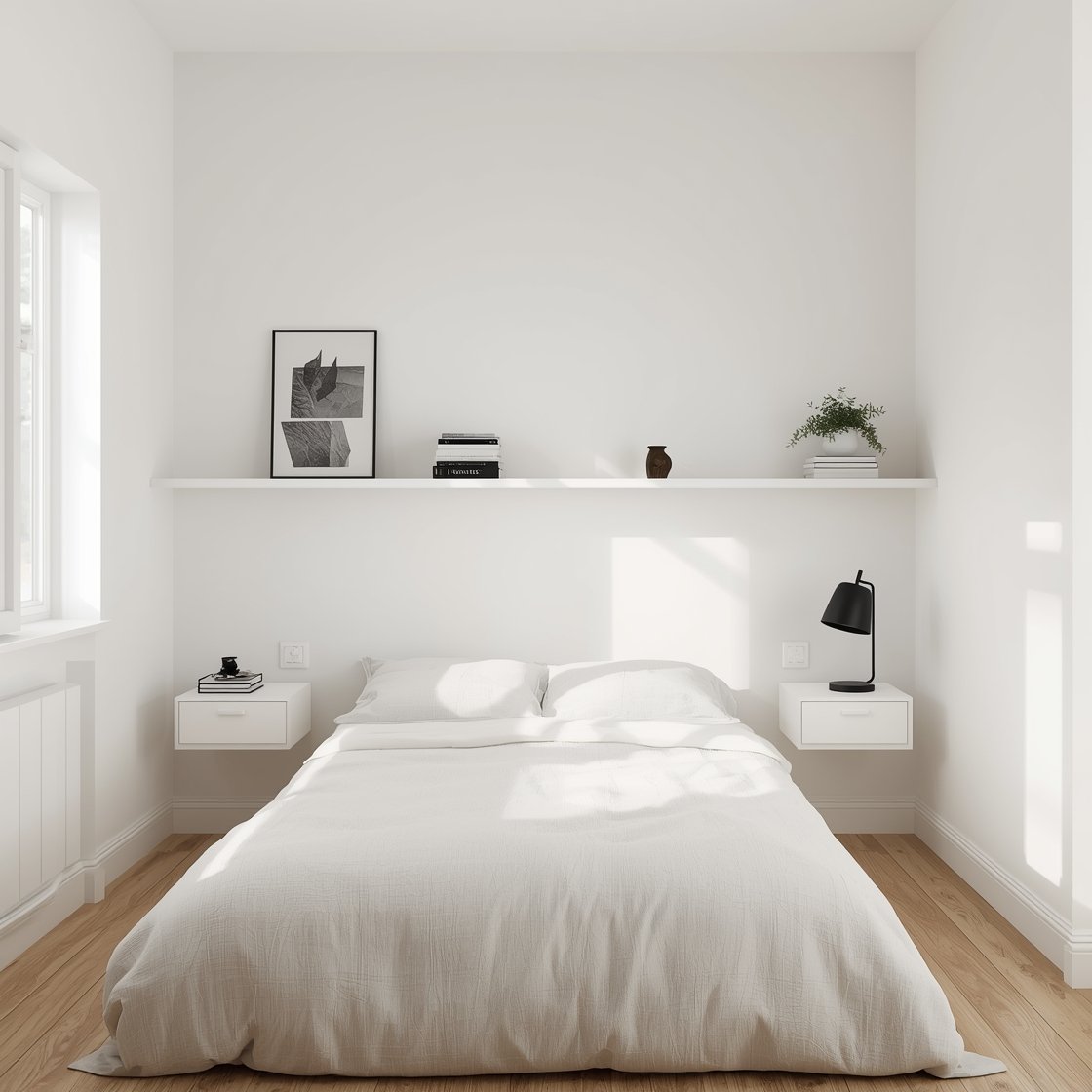 Wide shot: A small modern bedroom with floating white wall-mounted nightstands and slim picture ledges above a low bed; narrow floating shelves run corner to corner on one wall, styled minimally with two stacks of books, a single matte black lamp, a small sculptural ceramic object, and a tiny plant. Clean white walls, light oak floors, soft natural daylight, no floor furniture touching the ground to emphasize airiness, dust-free look, light and modern mood.