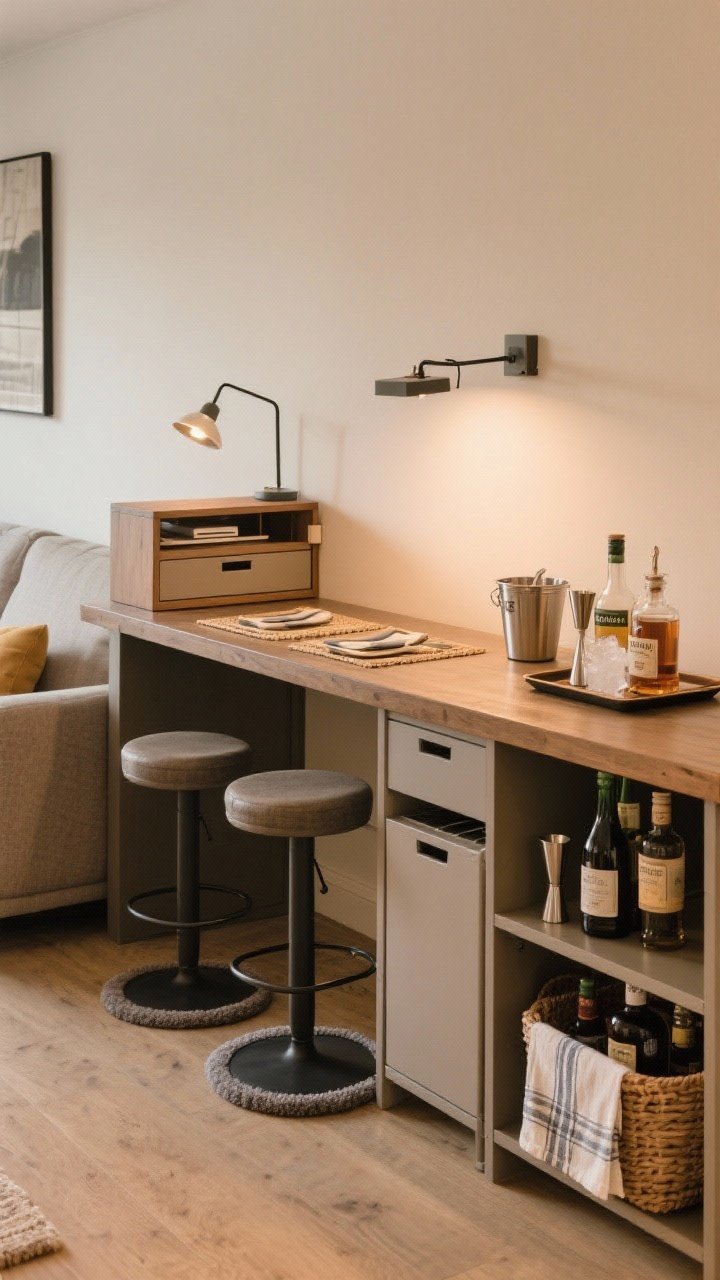 Wide shot from a corner angle showing a multifunctional setup behind a sofa: the sofa table used as a micro dining bar with two counter-height stools tucked under a 10–12 inch overhang, durable placemats on top. On one end, a compact WFH nook with a clip-on task light and a slim drawer organizer partly open; on the lower shelf, a vertical file stand and, at the opposite end, a weekend bar vignette with a tray holding decanters, shaker, and a small ice bucket, plus a basket below with bottles and a folded tea towel. Add felt pads under stool feet. Warm, inviting ambient light.