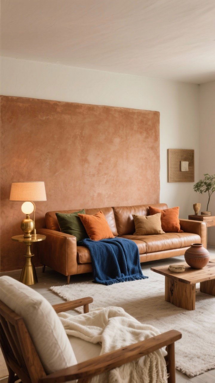 Wide shot of a living room bathed in earthy, soulful color: one clay/sand-toned accent wall behind a tan leather sofa; terracotta, olive, camel, ochre accents in pillows and ceramics; deep ocean blue (indigo) throw for contrast; brass accents on a side table lamp; warm-toned bulbs creating a grounded, cozy mood; natural wood and cream textiles balancing the palette
