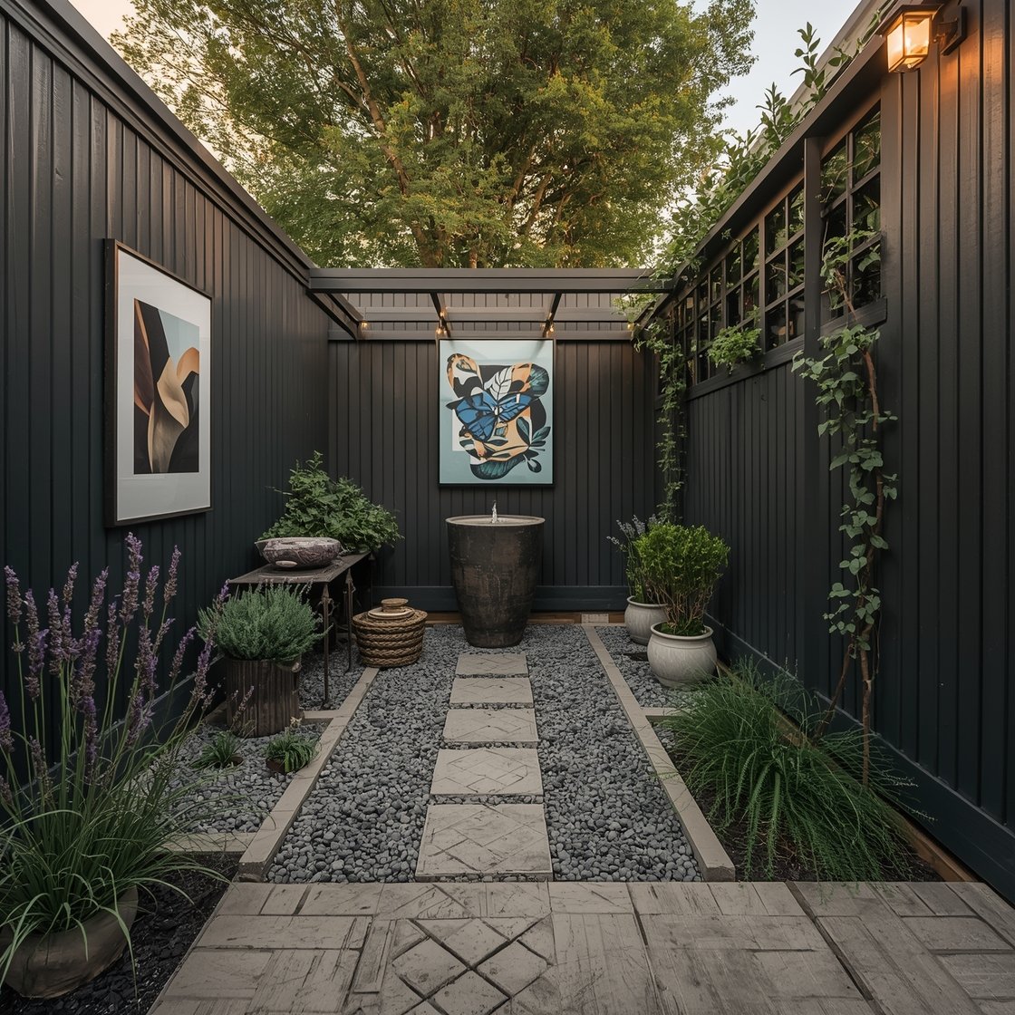 Wide shot of a small courtyard bursting with personality: patterned pavers laid in herringbone, a narrow pea gravel ribbon path with stepping stones dividing zones, a “scent corner” near seating with clustered lavender, mint, and lemon verbena, and a tabletop water fountain providing gentle sound. Dark-painted fence in deep green/charcoal makes plants glow; outdoor-safe art print, a bold birdhouse, and a sculptural trellis add accents. Golden-hour light enhances texture and color; no people.
