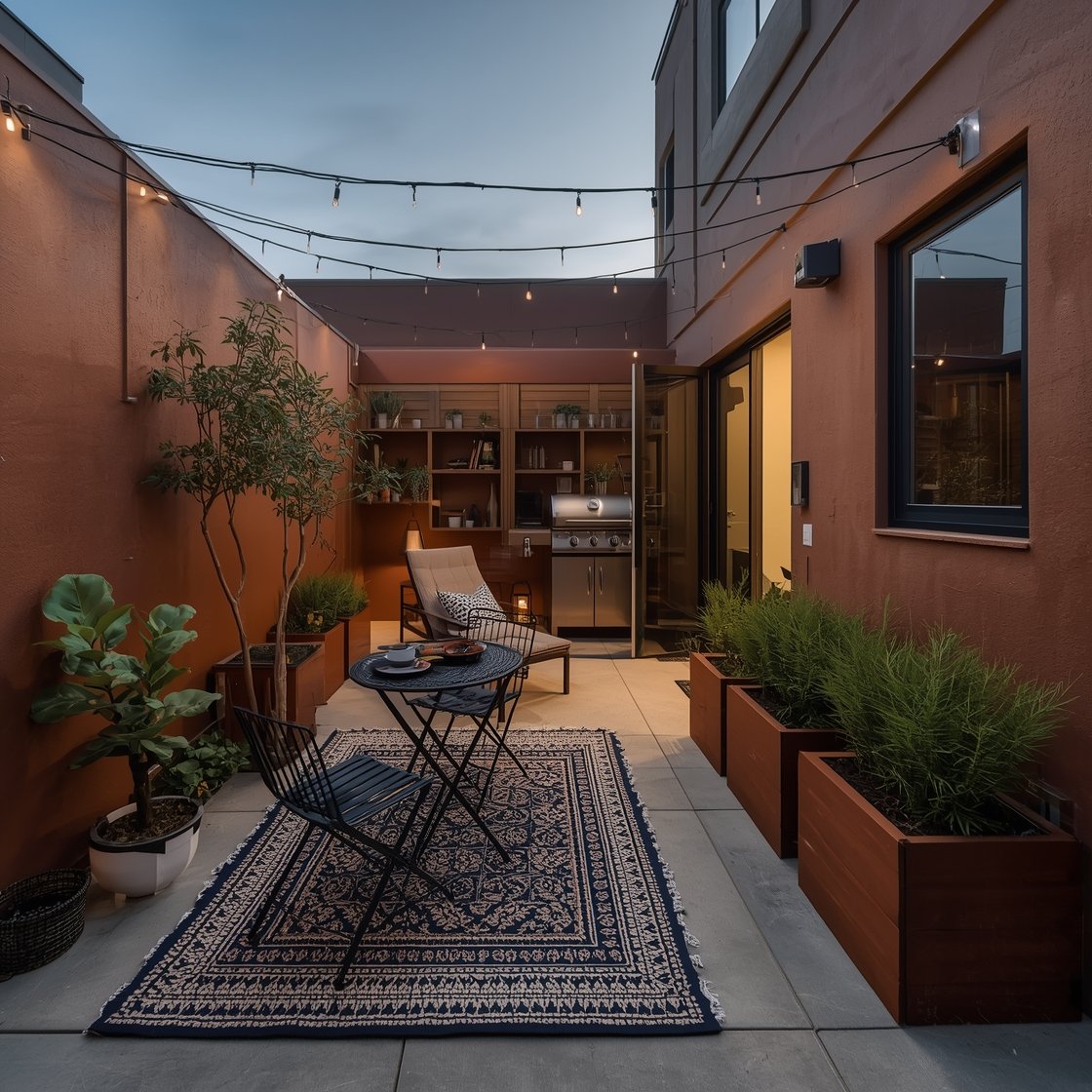 Wide shot of a tiny six-foot patio divided into clear zones: a dining corner anchored by a patterned outdoor rug with a compact black bistro set; a lounging nook with a single lounge chair and lanterns; a plant zone edged by low planters used as “walls” separating a small grill area from a reading nook. Cohesive color palette of terracotta, olive, and black throughout. String lights define the dining area overhead, lanterns glow in the lounge. Early evening lighting, corner angle to show multiple zones.