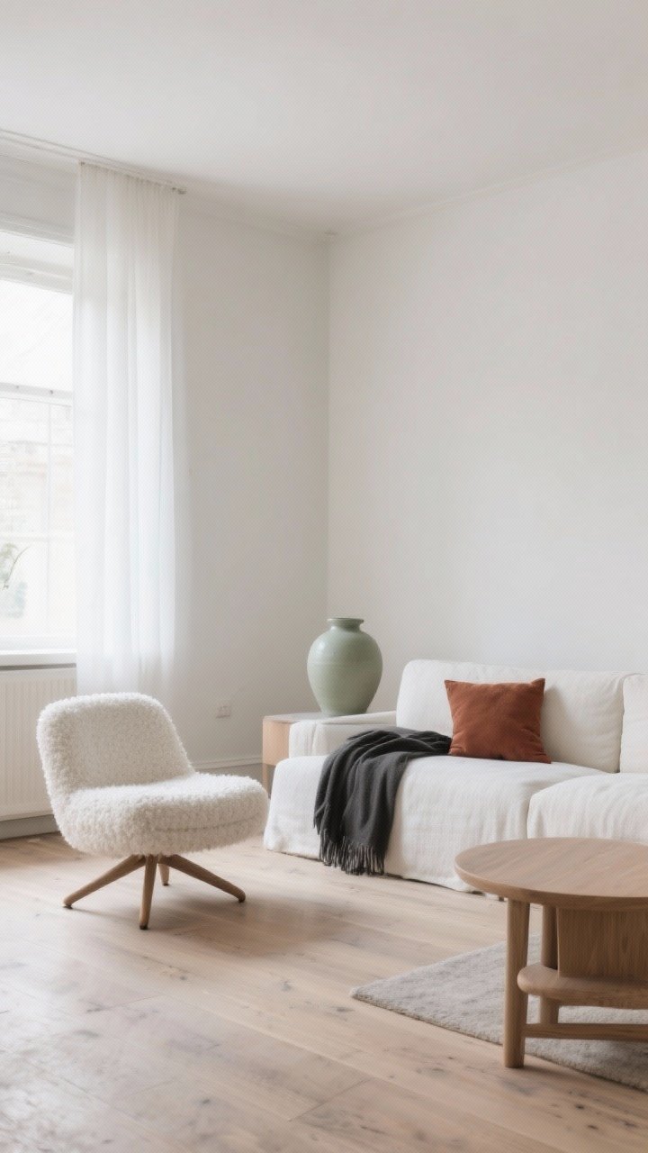 Wide shot, Scandinavian living room bathed in soft natural light, calm cloudy palette in soft whites, warm beiges, foggy grays, and gentle taupes; creamy painted walls (Swiss Coffee/White Dove vibe), matte light oak floors and furniture, ash/birch accents; ivory bouclé swivel chair subtly present but not dominant; off-white textiles layered on sofa, minimal pops of muted accent hues: soft sage ceramic vase, a small muted rust pillow, and a charcoal throw used sparingly; avoid blue-tinted whites; overall airy, quiet, glow-y mood, matte finishes, no gloss, photorealistic.