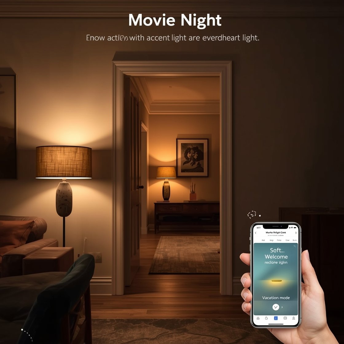 Wide shot: Smart home lighting scene in a living room—“Movie Night” activated with lamps at 30%, accent picture lights on, overhead off; an entryway in the background with a motion sensor triggering a soft welcome light; a smartphone screen nearby showing schedules and “Vacation mode” randomization; cohesive warm tones, photorealistic.