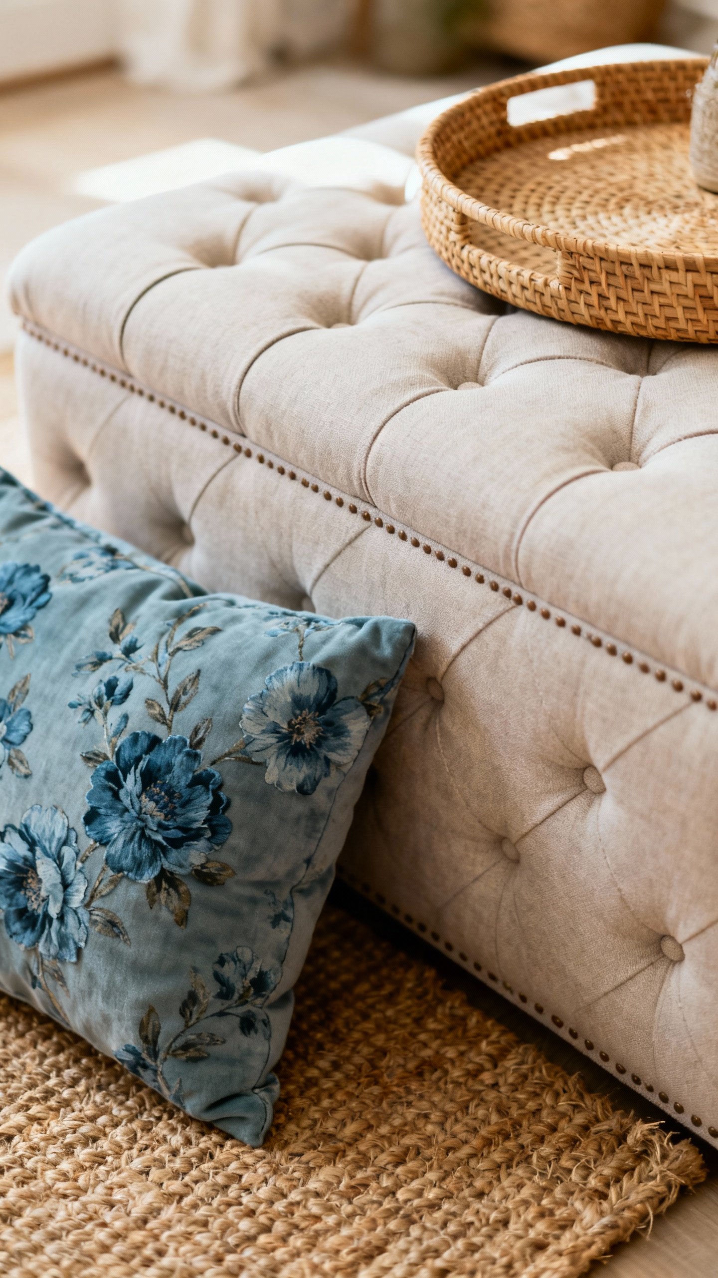 Closeup of tufted ottoman with woven tray, jute rug, dusty blue floral pillow