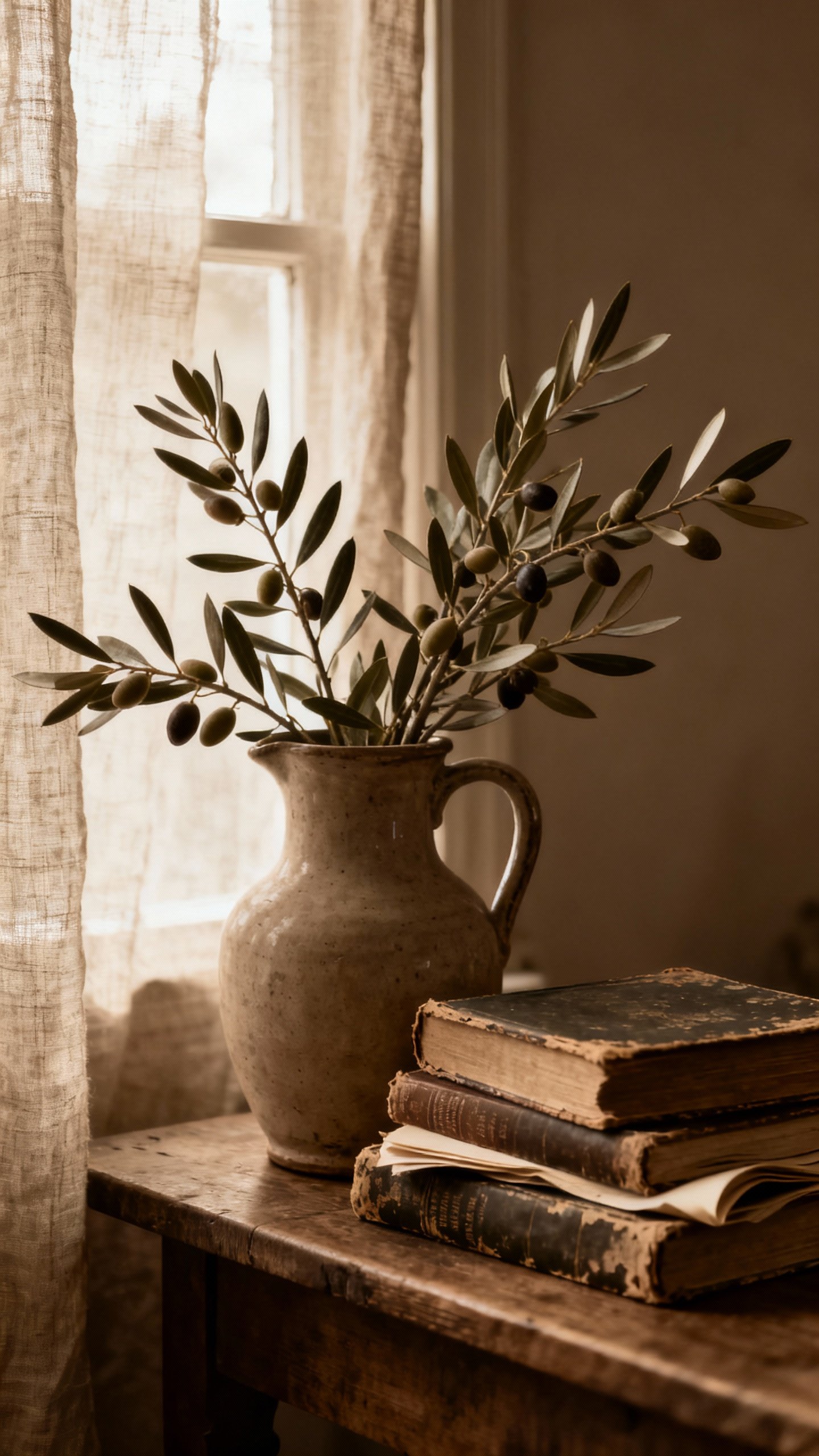 Linen-curtained window with olive branches in ceramic pitcher, vintage books stack