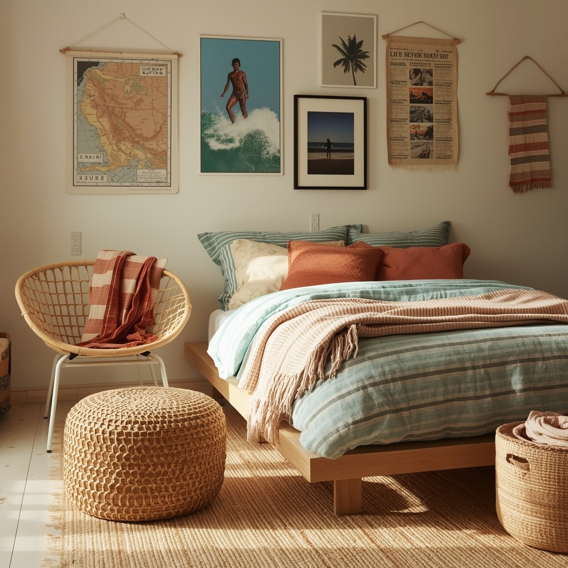 Angled medium shot of a Surfer Sun-Faded bedroom vignette: simple platform bed with a washed teal lightweight quilt, layered striped throw and mismatched vintage pillows in terracotta, sandy beige, and sun-worn orange. Rattan chair beside the bed, woven ottoman, beat-up wood nightstand with casual patina. Wall art includes thrifted surf posters, vintage beach maps, and Polaroid-style prints; striped Turkish towels used as a throw or wall hanging. Jute rug and woven baskets for storage. Warm, sun-bleached light and retro surf shack vibe, photorealistic.