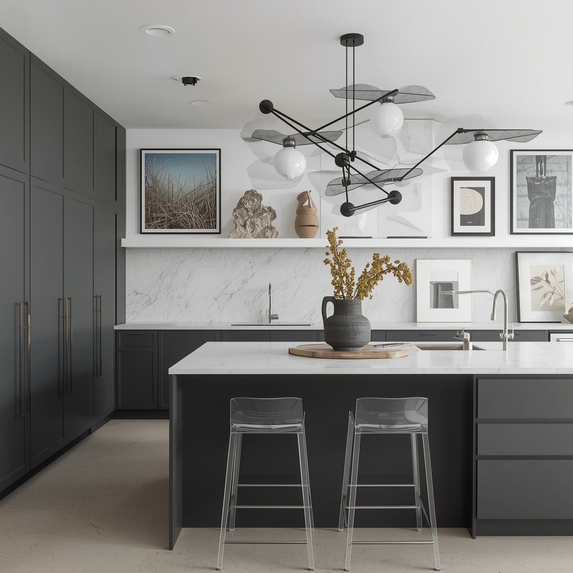 Art-Forward Gallery Kitchen, medium shot straight-on: graphite cabinets with push-latch doors; white microcement countertop; full-height slab backsplash as a neutral canvas; a curated gallery wall of framed modern prints; sculptural mobile or pendant over the island; Lucite or wire-frame stools; picture lights over art shelves; counters cleared except one striking vase or ceramic sculpture. Crisp museum lighting, photorealistic.