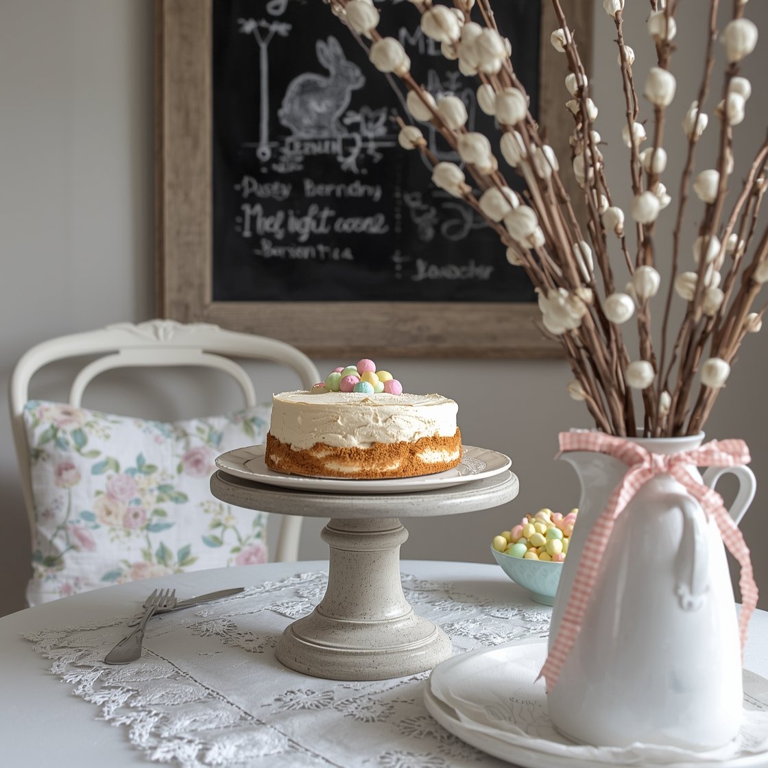 Closeup, eye-level shot of a cozy breakfast nook table: round pedestal table with lace-edged runner; stone cake stand topped with a bird’s nest pavlova; milk-glass compote filled with pastel candies; glimpse of bentwood café chair with floral seat cushion; charcoal chalkboard in reclaimed wood frame behind, sketched with a bunny silhouette and a brunch menu; vintage milk can with pussy willow branches tied in gingham ribbon at the edge; chalkboard black, milk-glass white, blush, mint palette; sweet and nostalgic.