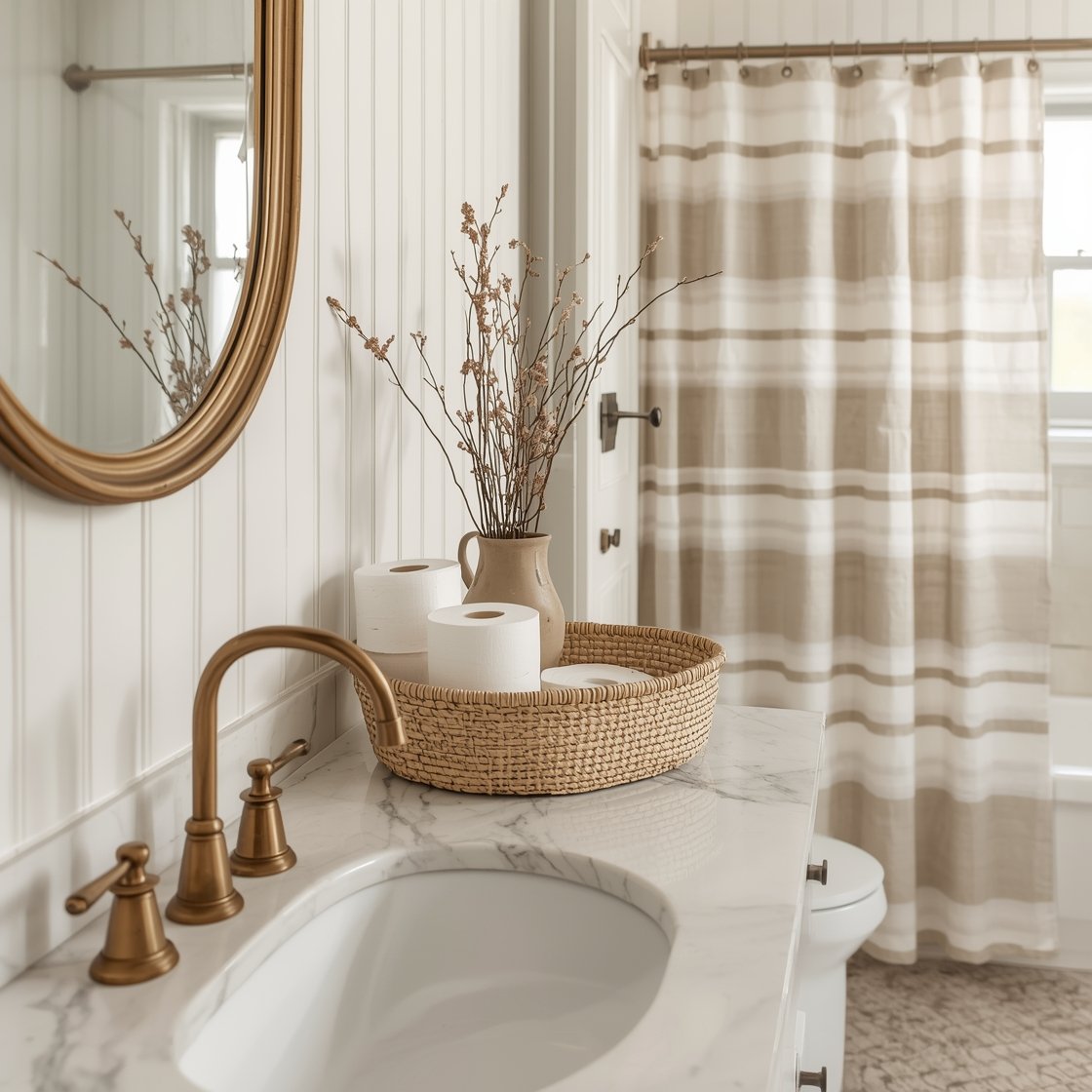Closeup vignette of cottage white with aged brass: beadboard in soft warm white behind a vintage-style mirror with curved corners; marble-look counter beneath; aged brass faucet and cabinet knobs with subtle patina; tumbled beige hex tile floor partially visible; styled with a woven basket of extra TP, a ceramic pitcher with dried stems, and a striped neutral linen shower curtain in background; cozy, gentle daylight.