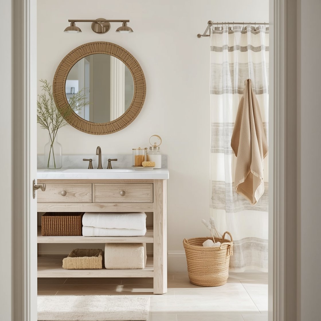 Corner angle coastal neutral bathroom: bleached weathered wood vanity, pale sand-colored floor tiles; chunky round mirror with rope-texture trim; brushed stainless fixtures; lightweight striped shower curtain in oat and white; styled with a rattan hamper, a glass jar of natural sponges, and a sandy-toned Turkish towel hanging from a hook; bright, breezy daylight.