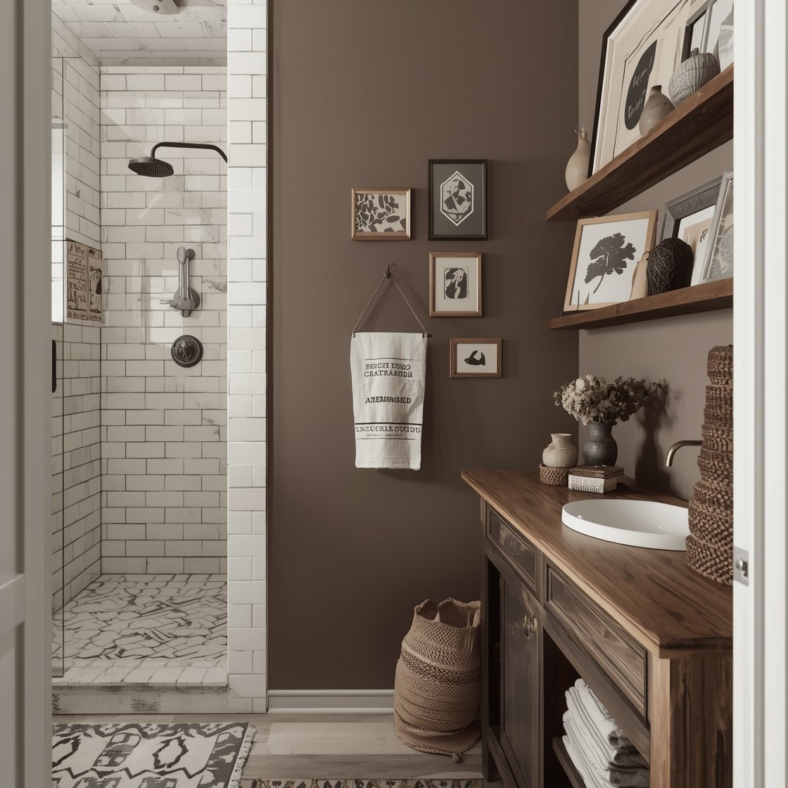 Corner angle medium shot: Artful boho gallery bath with soft mushroom walls, white subway-tiled shower with dark grout, a salon wall of framed textiles, tiny sketches, and vintage prints, a reclaimed wood vanity, patterned rug underfoot, and hand-thrown pottery on picture ledges designed for rotating art; palette mushroom, ivory, walnut, ink black accents; textures worn wood, woven textiles, matte ceramic, paper; cozy, diffused light.