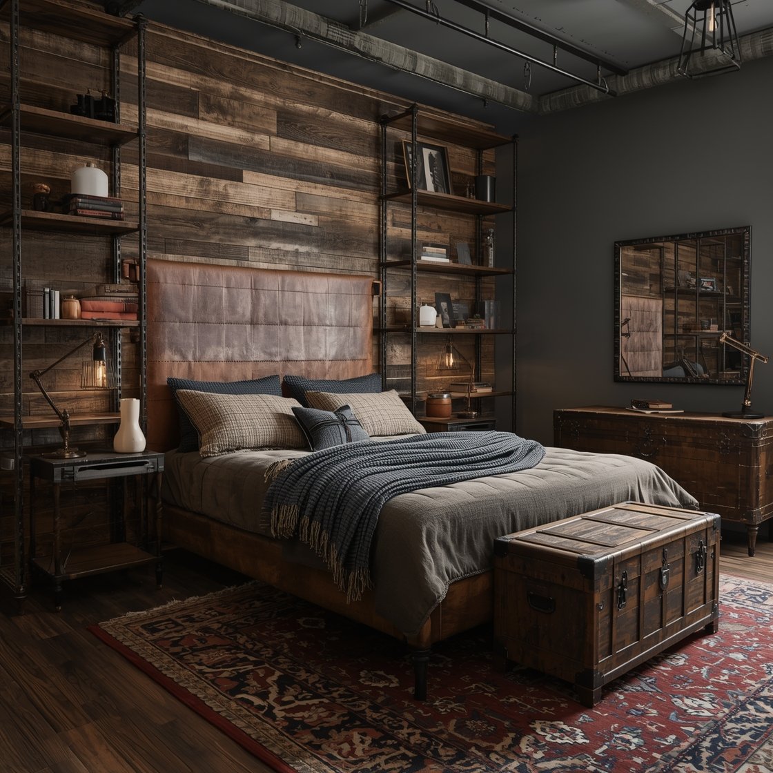 Corner angle medium-wide: An industrial gentleman’s den with a weathered leather bed against a reclaimed wood headboard wall, iron pipe shelving to one side, and a metal-framed mirror. Include trunk-style nightstands and a vintage-look chest. Floor features a Persian-style rug in deep reds; palette in espresso, slate, and rust. Lighting from cage pendant lights and an anglepoise desk lamp adds moody highlights. Add a few framed black-and-white photography prints. Rugged yet curated. Photorealistic, no people.