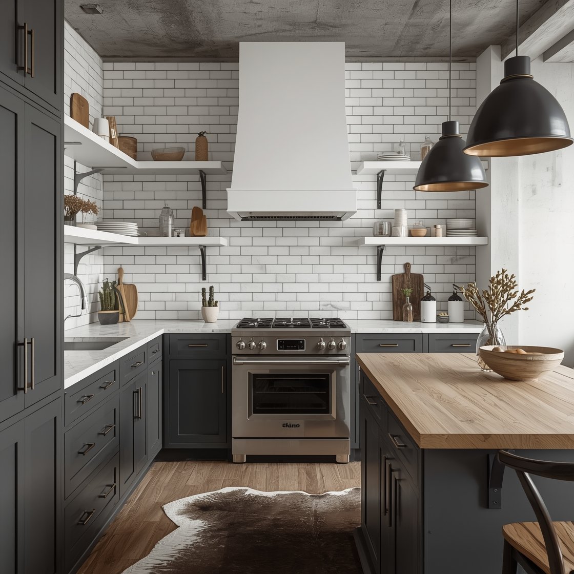Corner-angle wide shot, Soft Industrial Loft: charcoal lower cabinets, white open upper shelves on exposed steel brackets; concrete-look quartz countertops; matte white subway tile backsplash with charcoal grout; brushed stainless pro range; factory-style pendants above a distressed wood island top; cowhide rug tucked by a small breakfast nook. Urban, textured, softly lit, photorealistic.