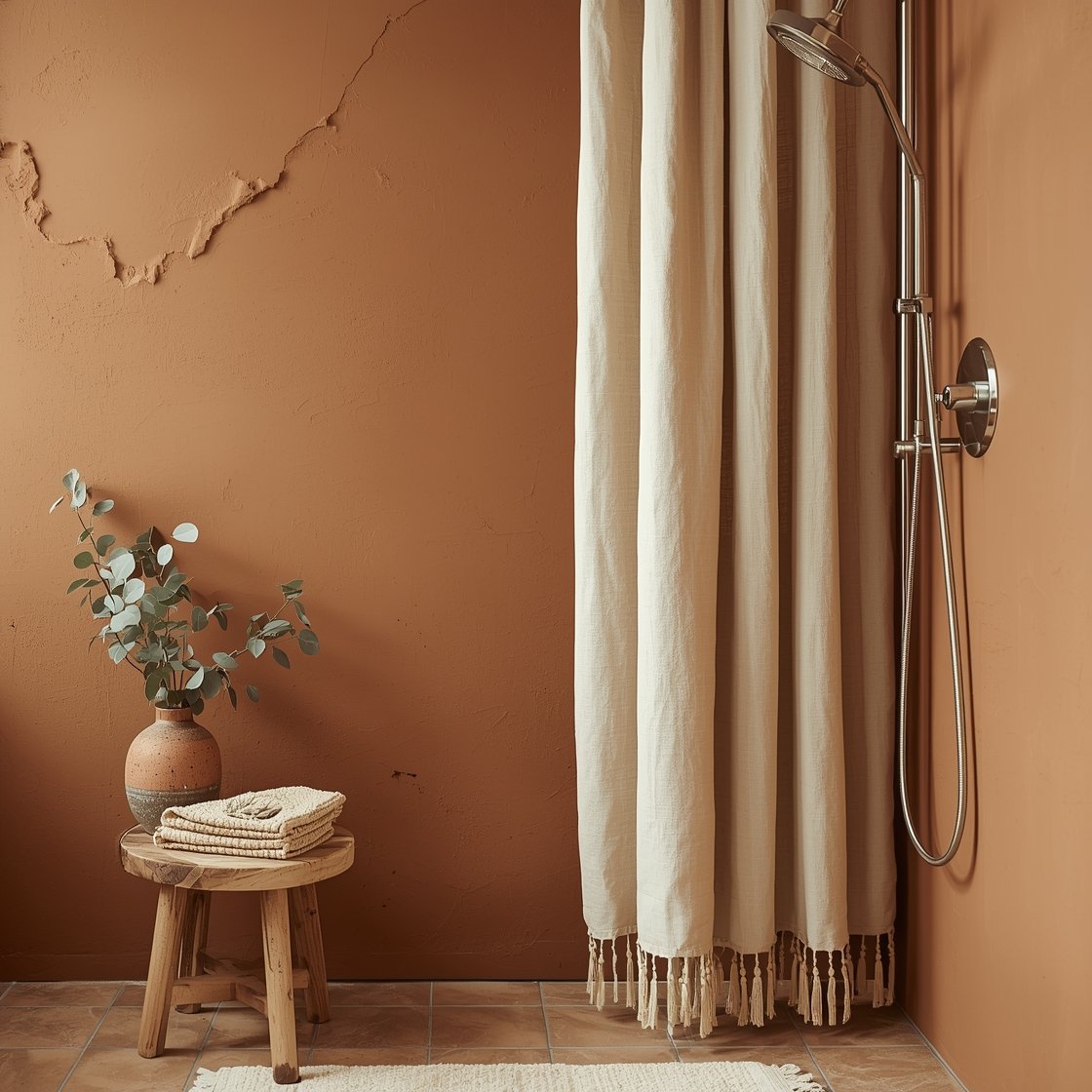 Detail closeup: Earthy clay and cotton retreat focusing on a clay plaster wall in warm ochre meeting handmade biscuit-colored shower tiles with uneven edges, a thick cotton shower curtain with tassels slightly draped, a small low wood stool, clay pots with fresh eucalyptus, and brushed nickel fixtures catching a soft, calming gleam; palette ochre, biscuit, soft nickel, warm walnut; textures clay plaster, cotton, unglazed ceramic, raw wood; gentle natural light.