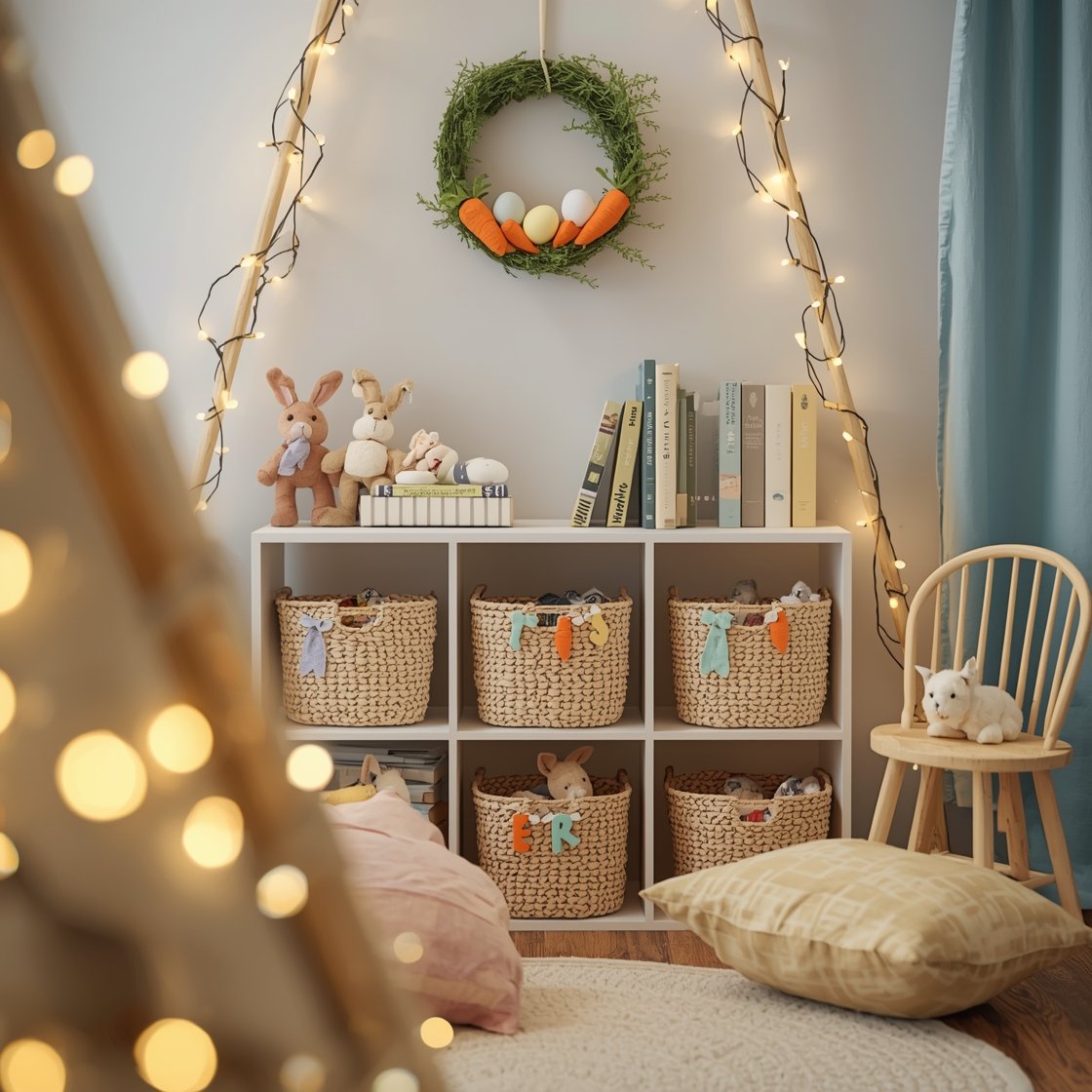 Detail closeup in a kids’ reading corner: the Easter wreath with eggs and carrots hung above a petite bookshelf, draped with warm white fairy lights for a twinkly focal point; foreground hints of a teepee/canopy fabric edge and floor cushions in sherbet hues; woven bins filled with plush bunnies, mini felt carrot garland, a stack of picture books with pastel spines; tiny spindle chair and side table partially visible; soft round rug texture; colors lemon, mint, lilac, sky blue; gentle, cozy lighting; photorealistic.