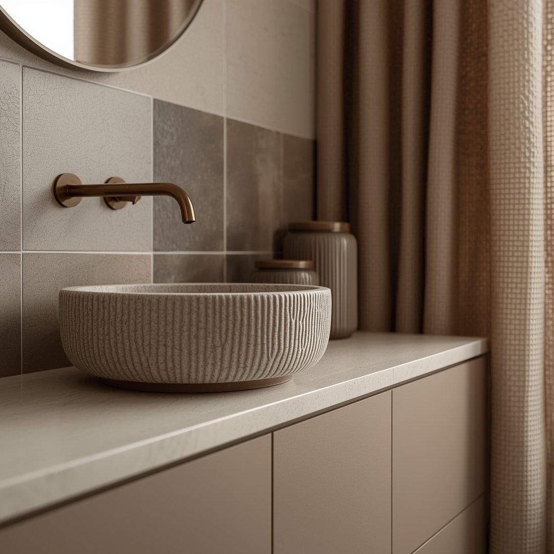 Detail closeup of a monochrome mushroom/putty palette: ribbed stone sink atop a mushroom-colored vanity with flat matte hardware; background shows large satin tiles in mushroom, stone, and putty wrapping walls; bronze faucet detail adds warmth; accessories include ribbed glass jars and a mushroom-toned waffle curtain softened in the bokeh; gentle, even lighting.